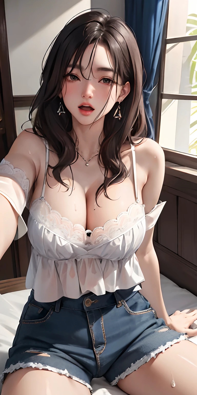 (masuter piece:1.2、top-quality)、(Real Photographics、intricate-detail)、Face Real、sexly.Large zoom on the chest、Real adult women、selfee、sit on a bed、Look up from below and look at us、Wearing shorts、Emphasis on cleavage、Chest close-up zoom、big yawning、Wearing sweat