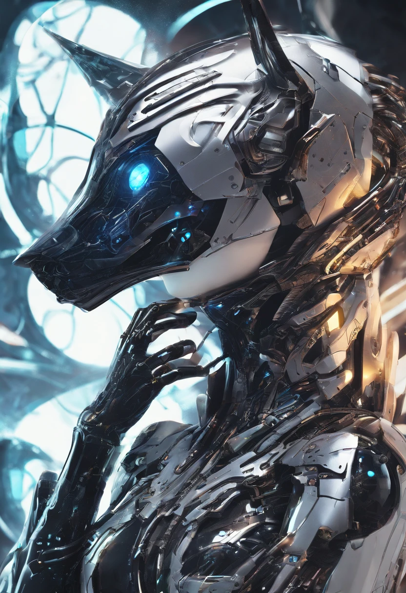 (female Protogen),cyberpunk,mechanical,glowing eyes,metallic surface,digital display,advanced technology,futuristic,neon lights,electromagnetic field,sharp edges,streamlined design,digital organism,biomechanical,mysterious atmosphere,glass visor,enhanced senses,energetic pose,invisible circuits,holographic projections,colorful wires,female cyborg
