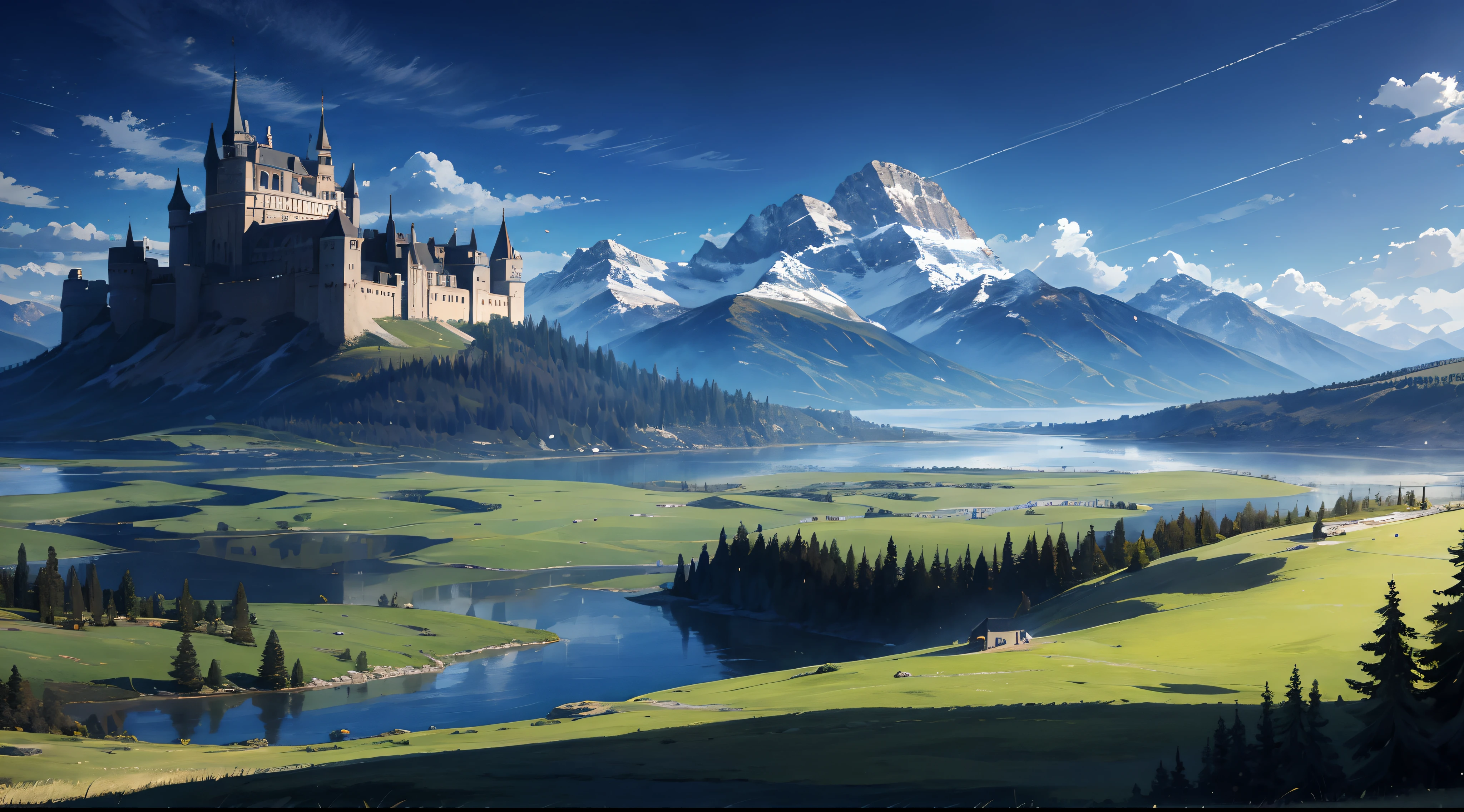 A huge castle in a prairie with mountains and waters