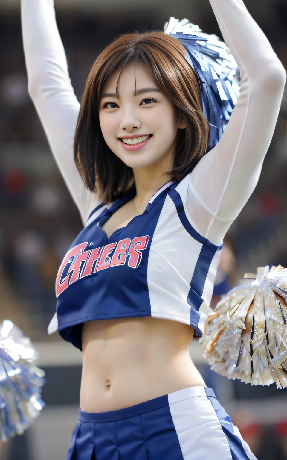 8K raw photos、Beautie:2.0、24 year old、japanes、cute little、cleavage of the breast、((cheer girl:1.5))、a miniskirt、beautiful eyes finely detailed、Eye lashes、((Brown eyes:1.2))、Beautiful double eyelids、eyeshadows、Perfect eye makeup、((A smile:1.6))、Beautiful and thin legs、(chestnut-colored hair)、Medium Hair、fluffy hair、stadio、Daytime、Latina、Photorealsitic:1.9、Sexy navel、Skinny Legs、tthin eyebrows、Tear bag、lofty nose、((Highly sexual))