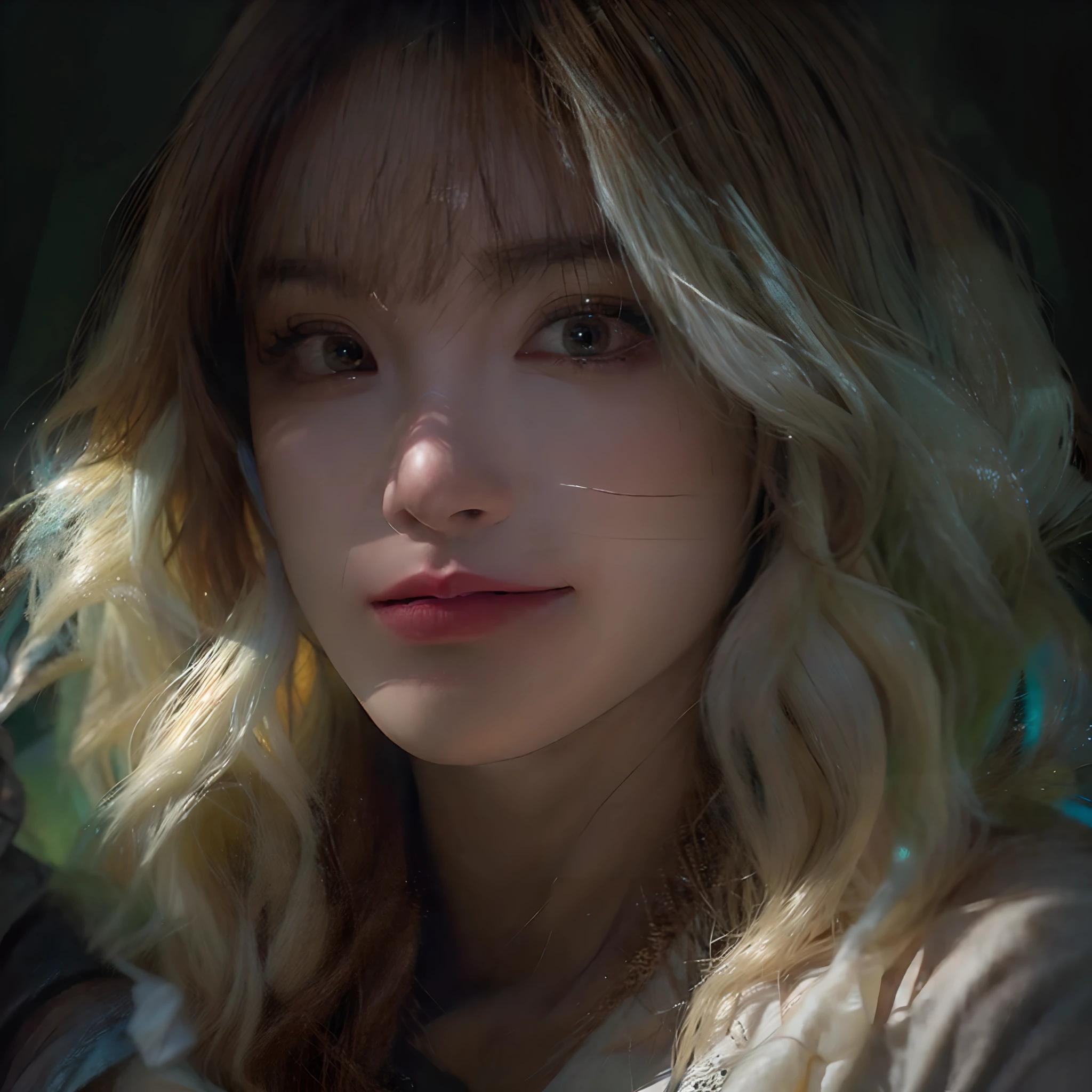 (front focus), (in the dark:1.6), Hyperrealist portrait of female by david hockney and alphonse mucha, fantasy art, photo realistic, dynamic lighting, artstation, poster, volumetric lighting, very detailed faces, 4 k, award winning, 1girl, in the dark, deep shadow, low key, cowboy shot, (official clothing:1.4), long hair, white hair, happy smile, skin texture,