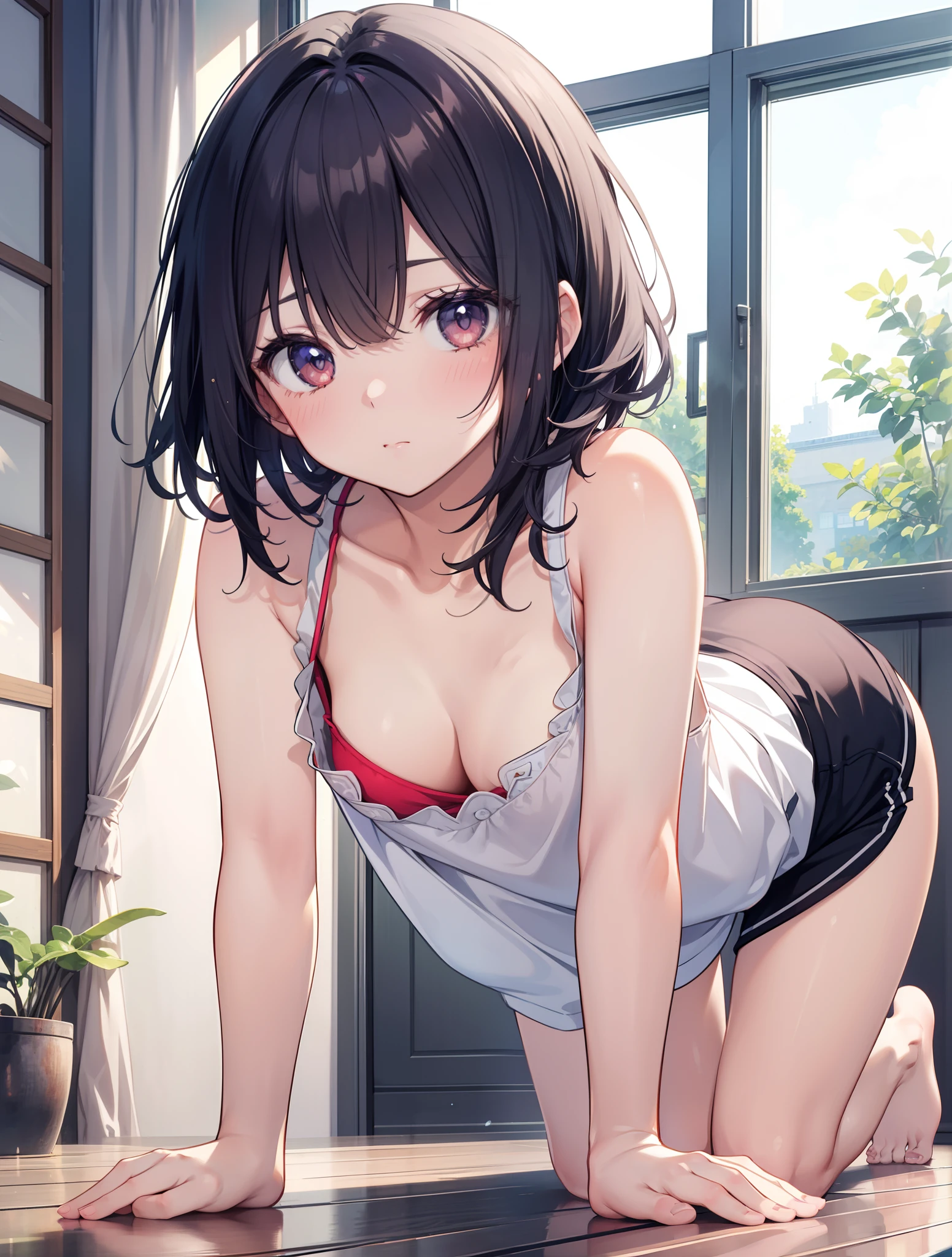 top-quality、masterpiece、1girl in、all-fours、to close range、red blush、Kamimei、Staring at this、Cute anime illustration、tank top, cleavage, small breasts, in the room, window, cute pose, beautiful pose, cuteness