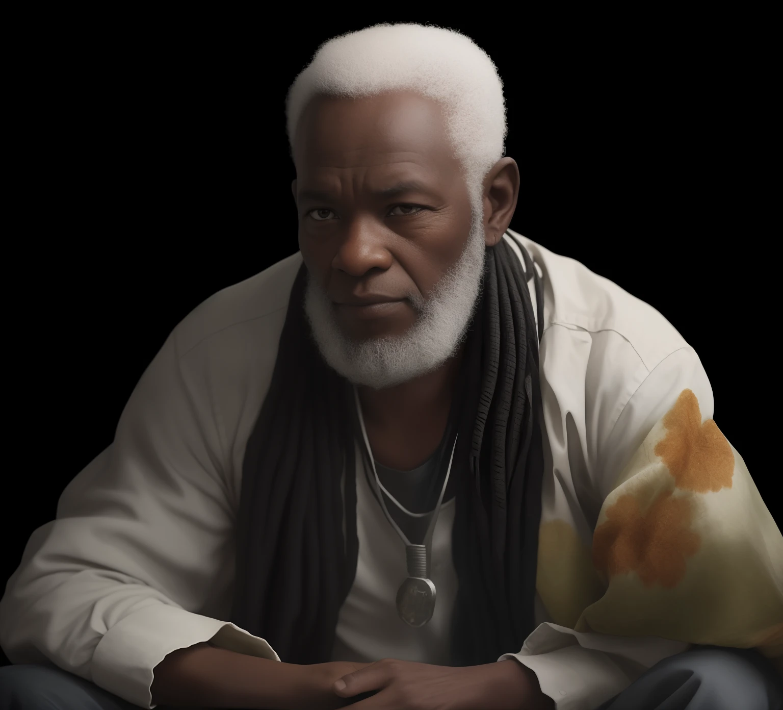 Crie uma imagem de um homem negro, Afro-descendant at age 70 with several seed collars around his neck