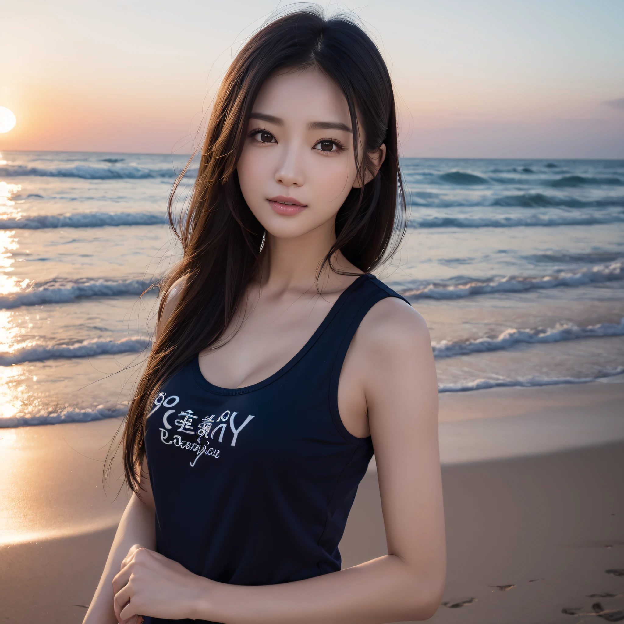 Masterpiece, Best Quality, 8K Resolution, Realistic, 1 Shirt 20 Women, Fiol, Depth of Field, Blurred Background, Black Hair,, Seawater Background, Partial Submersion, Sunset,Ultra HD