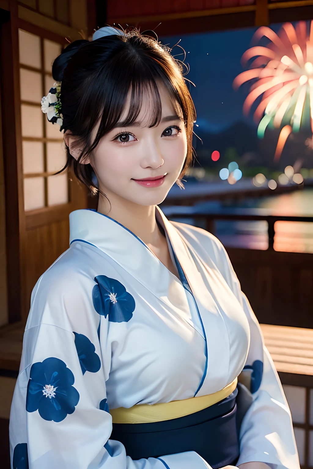 (8K、Raw photography、top-quality、​masterpiece:1.2)、(reallistic、Photorealsitic:1.37)、The ultra -The high-definition、1 girl in、cute little、独奏、natta、Sitting、date、(Nasal redness)、(A smile:1.1)、(Closed)、Colossal tits、beautidful eyes、(short-hair:1.2)、(((Fireworks in the sky、natta)))、(((Kimono、Yukata)))、cleavage on the chest、perfect bodies、Perfect fingers、profetional lighting、goddess of Japan、gravure、Detailed face and skin texture、A detailed eye、Raw photo
