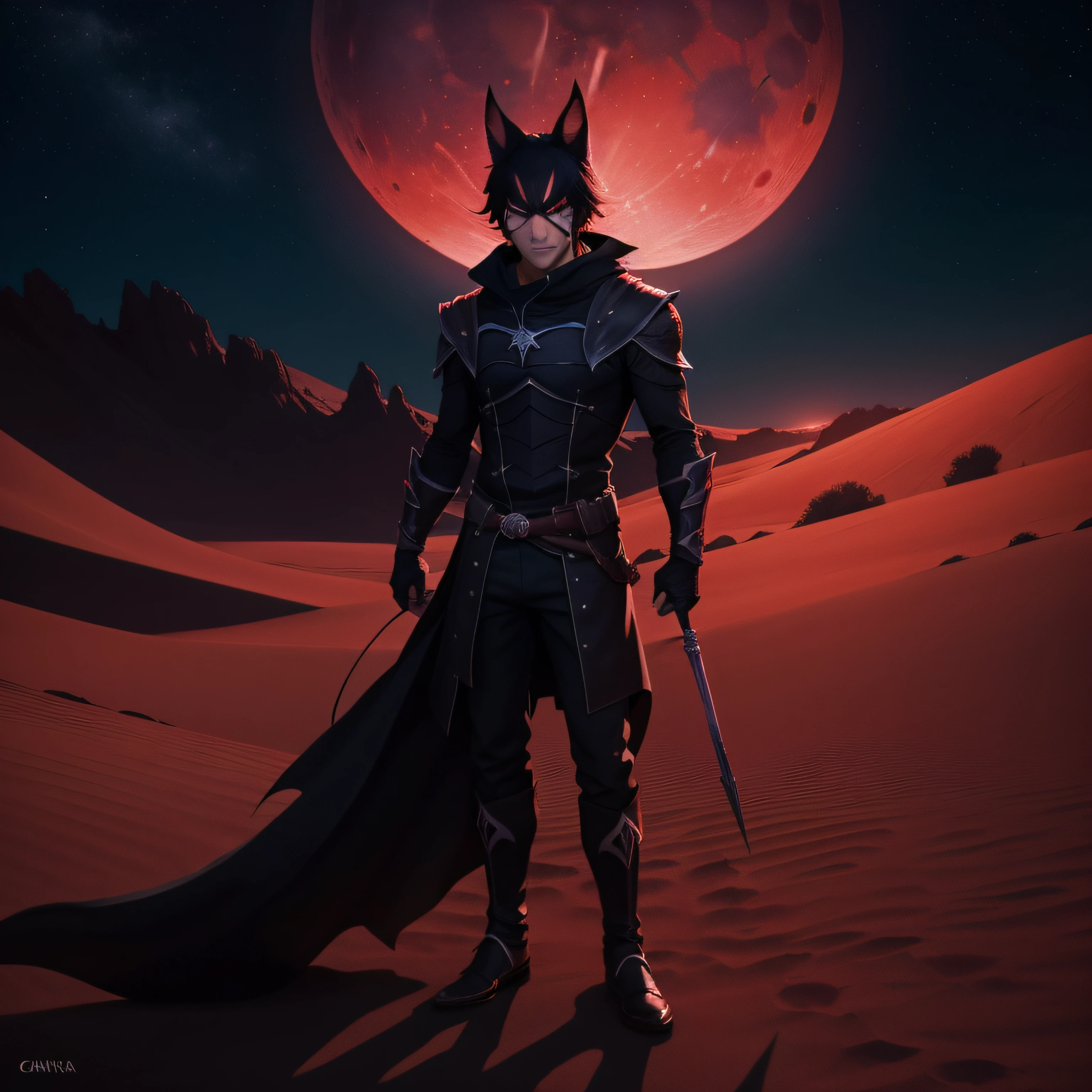 crea una bestia zorro, de pelaje de colores vivos, con un aura imponente 1.1, bajo una noche de "luna llena, de color rojo", with a nocturnal desert landscape, ("con 2 colas rojo sangre")