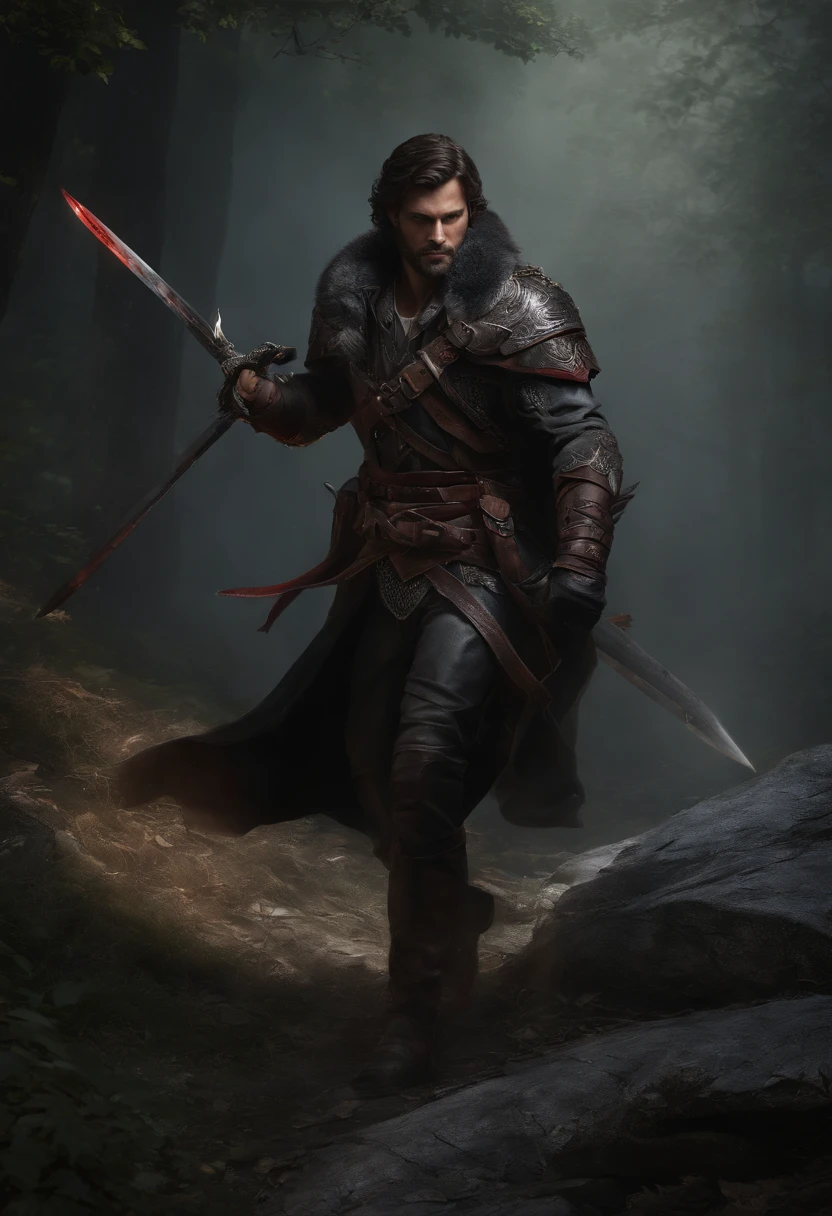 (best quality,high-res,masterpiece:1.2),ultra-detailed,realistic,serious expression,brunette hair,red eyes,masculine,monster hunter style,handheld sword,rugged,high cheekbones,bulky build,scruffy beard,daring posture,dark atmosphere,dark background,strong lighting,menacing aura,cloak,leather armor,ancient runes,roguish,sharp features,steely gaze,intense focus,confident stance,ominous shadows,wisps of smoke,gritty texture,dangerous vibes,adventurous spirit,heroic,foreboding presence,action-packed,mythical creatures,immersive environment,explosive energy,masterful strokes,vibrant colors,hauntingly beautiful,weathered appearance