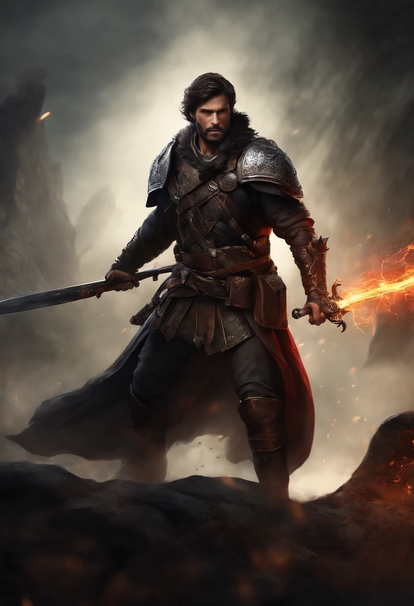 (best quality,high-res,masterpiece:1.2),ultra-detailed,realistic,serious expression,brunette hair,red eyes,masculine,monster hunter style,handheld sword,rugged,high cheekbones,bulky build,scruffy beard,daring posture,dark atmosphere,dark background,strong lighting,menacing aura,cloak,leather armor,ancient runes,roguish,sharp features,steely gaze,intense focus,confident stance,ominous shadows,wisps of smoke,gritty texture,dangerous vibes,adventurous spirit,heroic,foreboding presence,action-packed,mythical creatures,immersive environment,explosive energy,masterful strokes,vibrant colors,hauntingly beautiful,weathered appearance