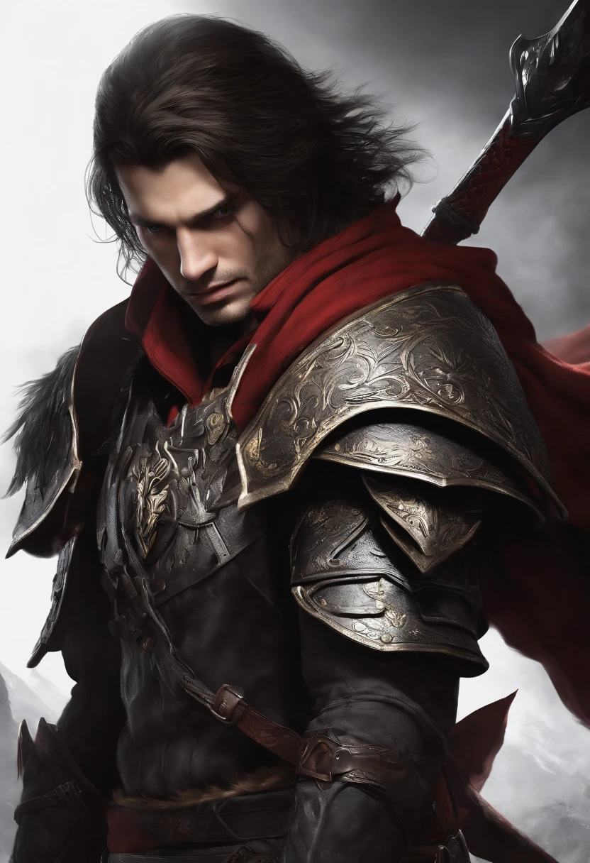 (best quality,high-res,masterpiece:1.2),ultra-detailed,realistic,serious expression,brunette hair,red eyes,masculine,monster hunter style,handheld sword,rugged,high cheekbones,bulky build,scruffy beard,daring posture,dark atmosphere,dark background,strong lighting,menacing aura,cloak,leather armor,ancient runes,roguish,sharp features,steely gaze,intense focus,confident stance,ominous shadows,wisps of smoke,gritty texture,dangerous vibes,adventurous spirit,heroic,foreboding presence,action-packed,mythical creatures,immersive environment,explosive energy,masterful strokes,vibrant colors,hauntingly beautiful,weathered appearance