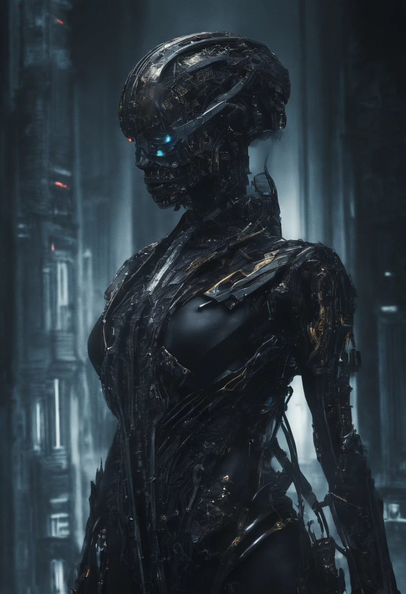 (female Protogen),cyberpunk,mechanical,glowing eyes,metallic surface,digital display,advanced technology,futuristic,neon lights,electromagnetic field,sharp edges,streamlined design,digital organism,biomechanical,mysterious atmosphere,glass visor,enhanced senses,energetic pose,invisible circuits,holographic projections,colorful wires,female cyborg