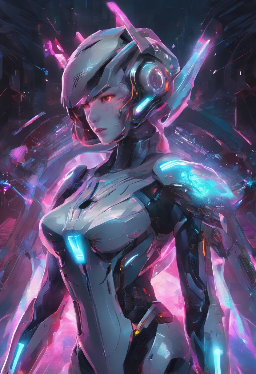 (female Protogen),cyberpunk,mechanical,glowing eyes,metallic surface,digital display,advanced technology,futuristic,neon lights,electromagnetic field,sharp edges,streamlined design,digital organism,biomechanical,mysterious atmosphere,glass visor,enhanced senses,energetic pose,invisible circuits,holographic projections,colorful wires,female cyborg