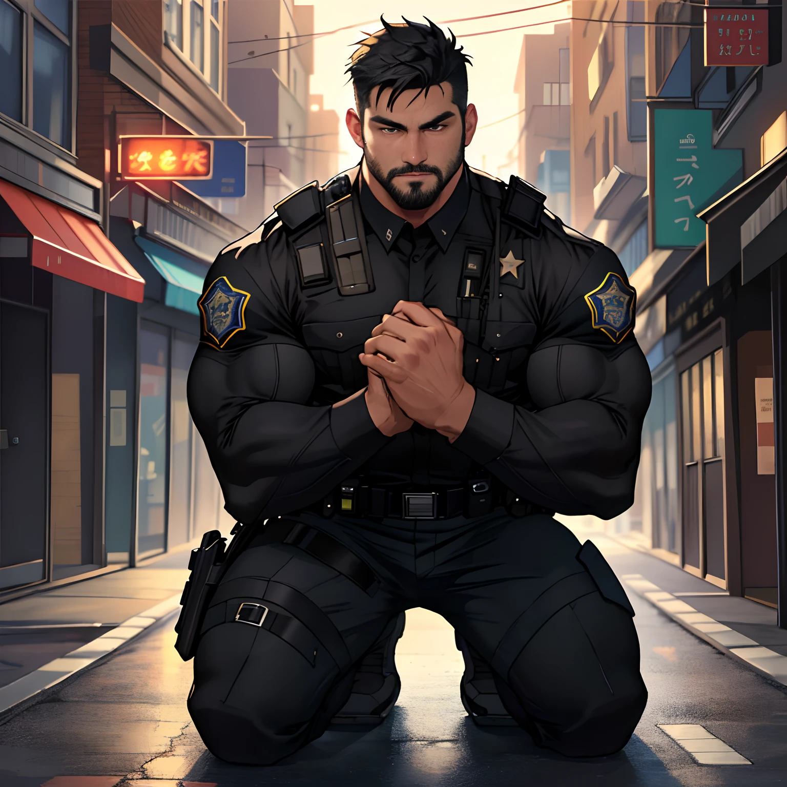 best quality, masterpiece, super high resolution, detailed background, realism, illustration, single, 1 boy, muscle man, street, muscle, facial hair, volumetric lighting, depth of field, black clothes, (black police uniform), kneeling, ((hands on the ground))