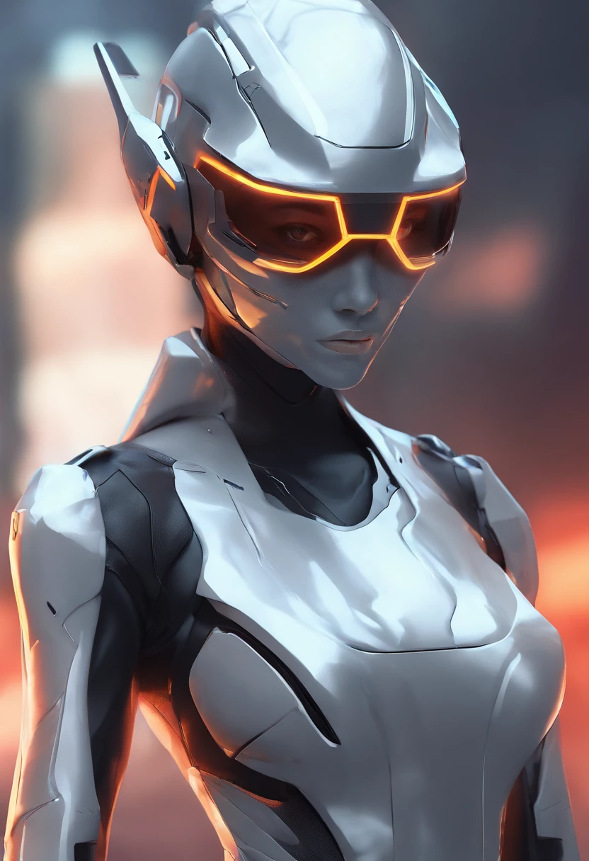 (female Protogen),cyberpunk,mechanical,glowing eyes,metallic surface,digital display,advanced technology,futuristic,neon lights,electromagnetic field,sharp edges,streamlined design,digital organism,biomechanical,mysterious atmosphere,glass visor,enhanced senses,energetic pose,invisible circuits,holographic projections,colorful wires,female cyborg