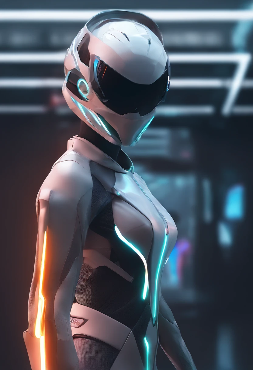 (female Protogen),cyberpunk,mechanical,glowing eyes,metallic surface,digital display,advanced technology,futuristic,neon lights,electromagnetic field,sharp edges,streamlined design,digital organism,biomechanical,mysterious atmosphere,glass visor,enhanced senses,energetic pose,invisible circuits,holographic projections,colorful wires,female cyborg
