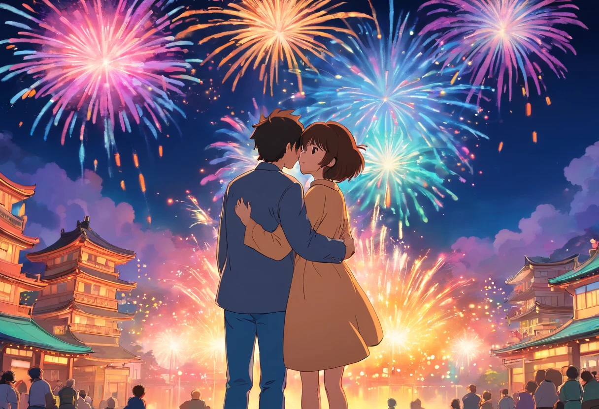 couple embracing in front of colourful fireworks, at night, japanese festival, slice of life anime style, romantic scene