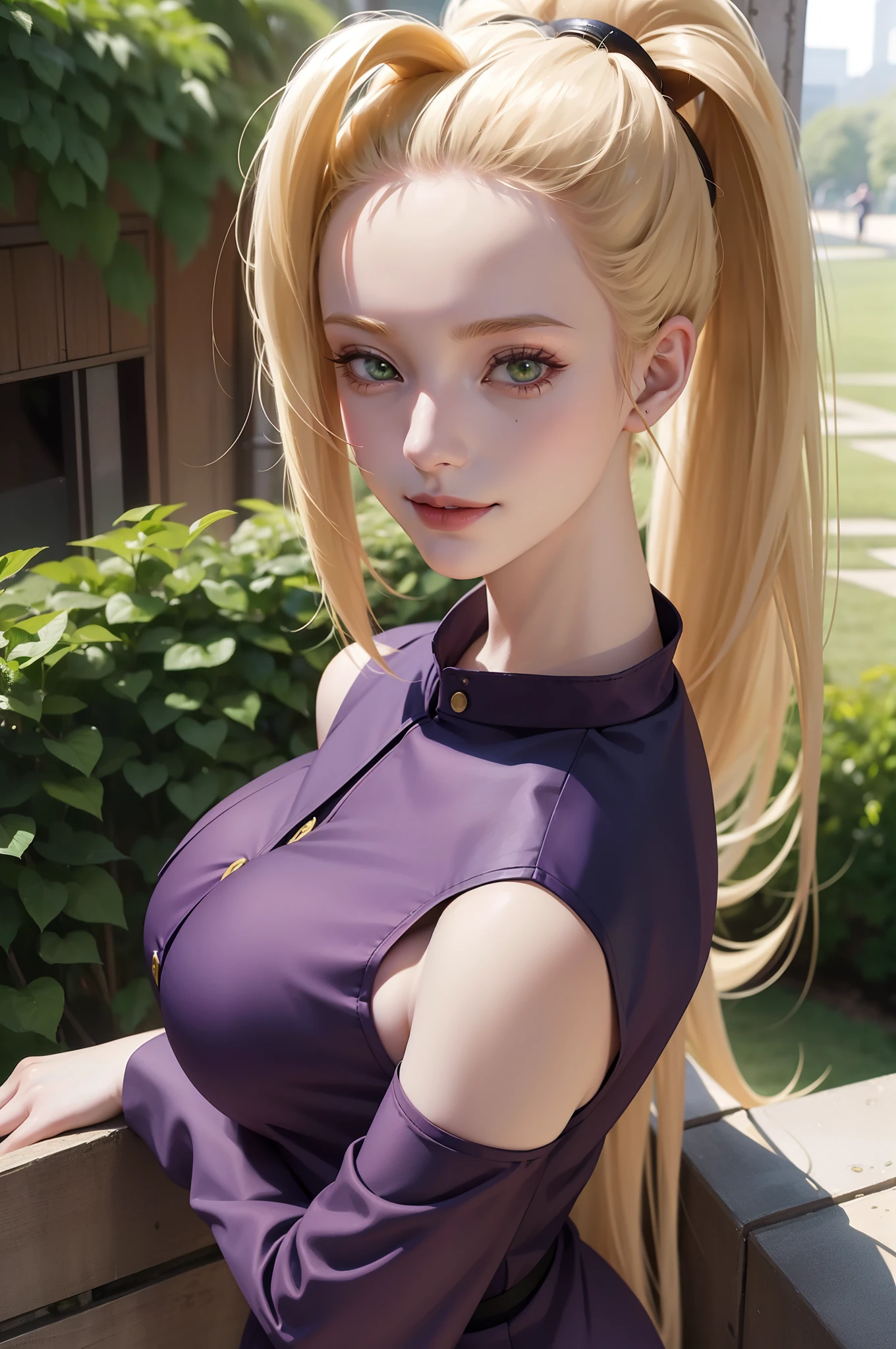 1girl, yamanaka ino in anime naruto, long hair, yellow hair, green eyes, smile, beautiful, sexy dress, sexy clothes, purple clothes, very big breast, realistic clothes, detail clothes, outdoor background, ultra detail, realistic