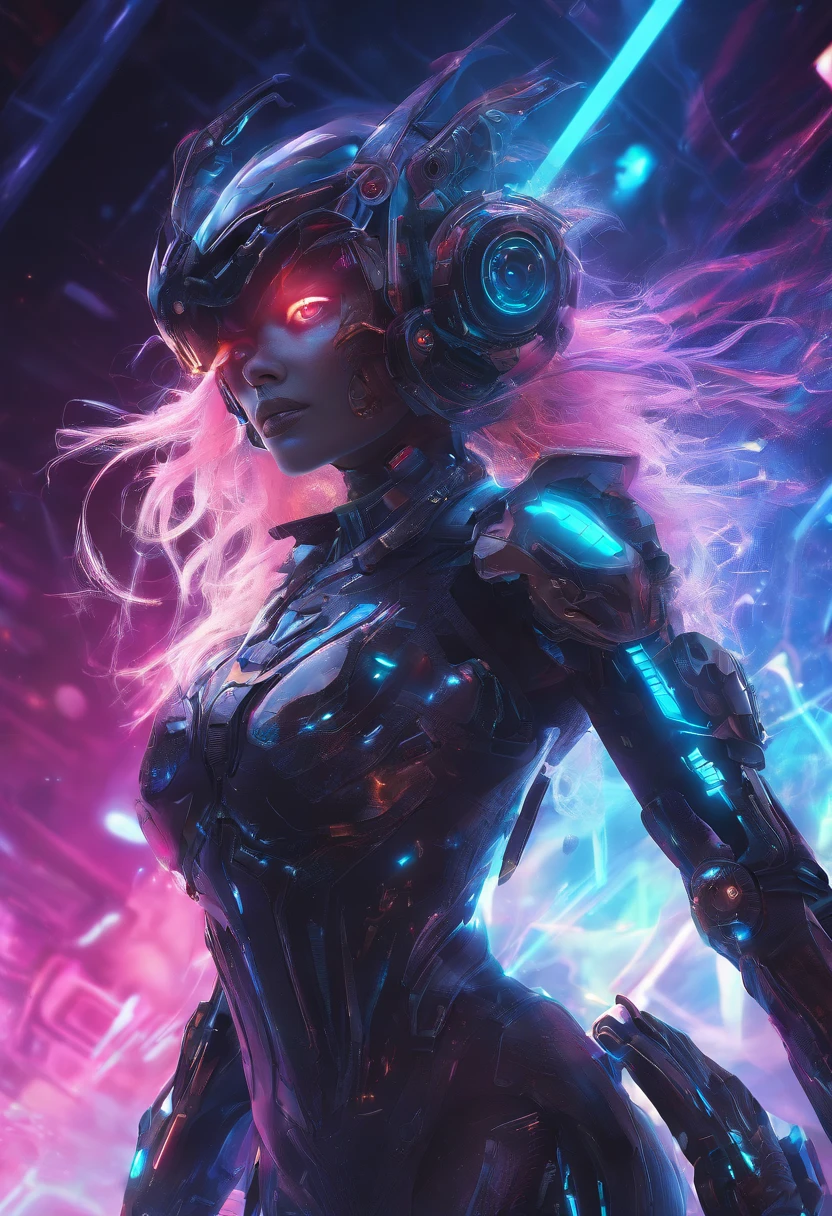 (female Protogen),cyberpunk,mechanical,glowing eyes,metallic surface,digital display,advanced technology,futuristic,neon lights,electromagnetic field,sharp edges,streamlined design,digital organism,biomechanical,mysterious atmosphere,glass visor,enhanced senses,energetic pose,invisible circuits,holographic projections,colorful wires,female cyborg