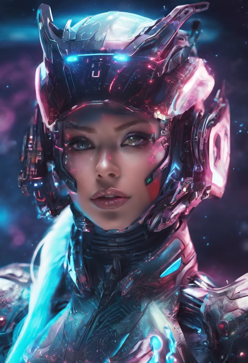 (female Protogen),cyberpunk,mechanical,glowing eyes,metallic surface,digital display,advanced technology,futuristic,neon lights,electromagnetic field,sharp edges,streamlined design,digital organism,biomechanical,mysterious atmosphere,glass visor,enhanced senses,energetic pose,invisible circuits,holographic projections,colorful wires,female cyborg