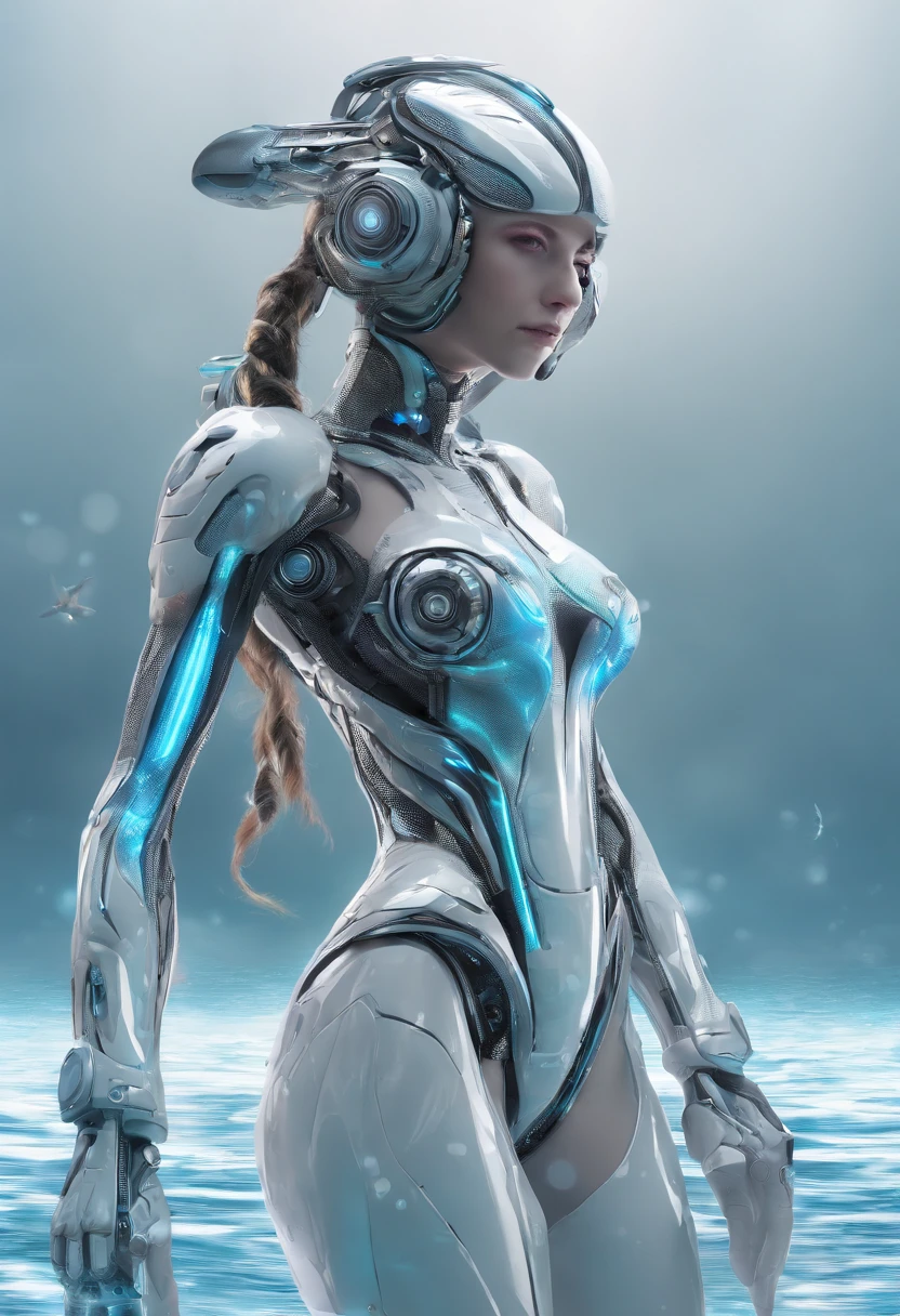 (female Protogen),cyberpunk,mechanical,glowing eyes,metallic surface,digital display,advanced technology,futuristic,neon lights,electromagnetic field,sharp edges,streamlined design,digital organism,biomechanical,mysterious atmosphere,glass visor,enhanced senses,energetic pose,invisible circuits,holographic projections,colorful wires,female cyborg