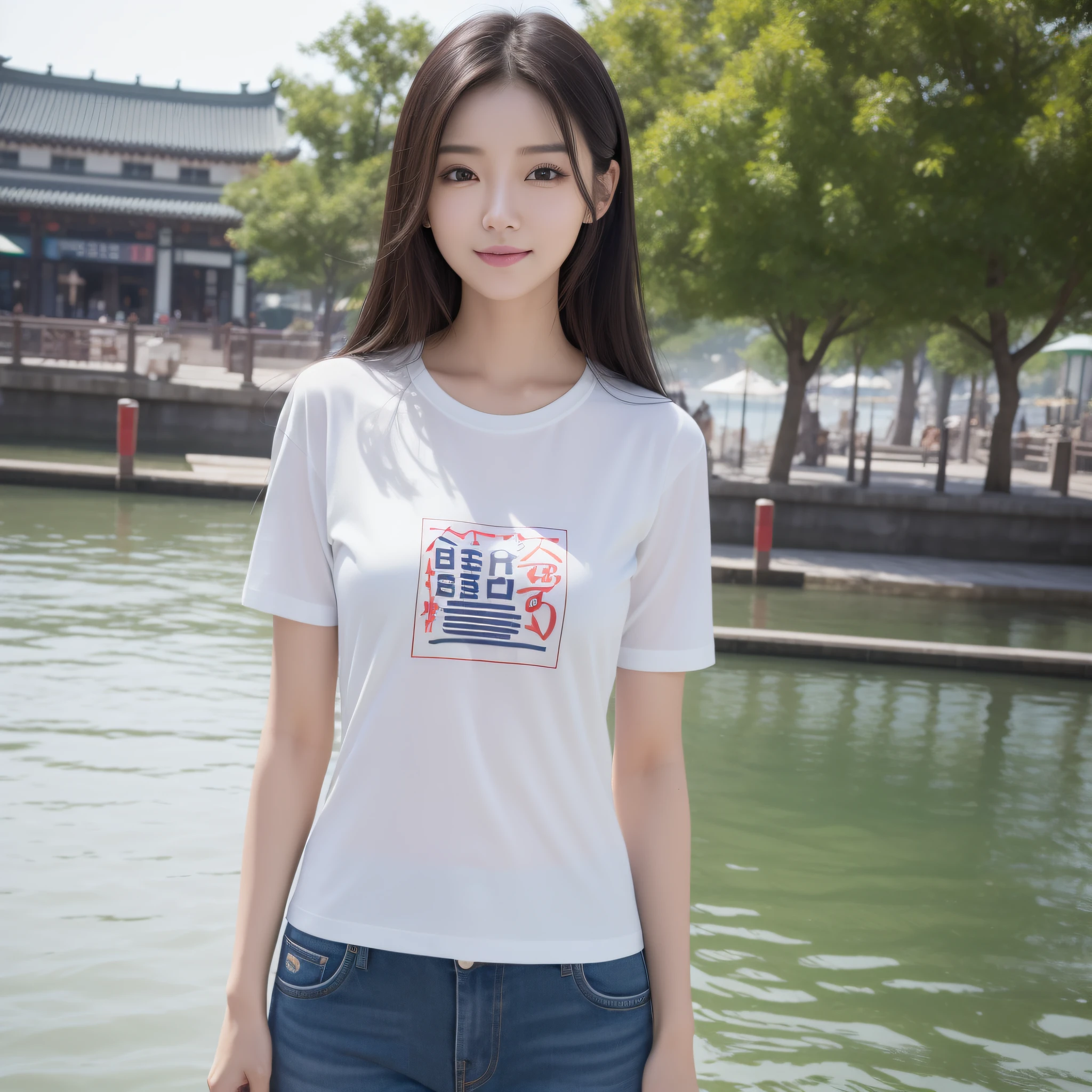 One lady、((best qualtiy、8k masterpieces:1.3))、foco nítido:1.2、(ultra beautiful faces:1.0)、(shinny skin:1.0)、photos realistic、A dark-haired、Video Lighting、High-definition eyes and face、Video Lighting、(Korean Cute Actress)、from the front side、medium breasts、smile、Slender Abs Beauty、Whole body、Wearing a T-shirt with Chinese characters、At the quay in the early morning、