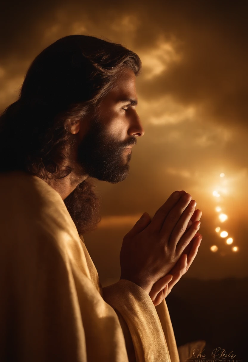 Jesus is kneeling in deep prayer against the backdrop of a heavenly landscape, com raios de luz dourada que banham seu corpo. He looks up at the sky with love and reverence as his hands join in prayer. prayers and intentions of people from all over the world, represented by points of light rising toward the sky. As Jesus Prays, percebe as necessidades e desejos de todas essas pessoas e, em resposta, Rays of Divine Light begin to descend, bringing blessings and comfort to each of them. Jesus, with humility and compassion, continua a orar, serving as an intermediary between humanity and the divine