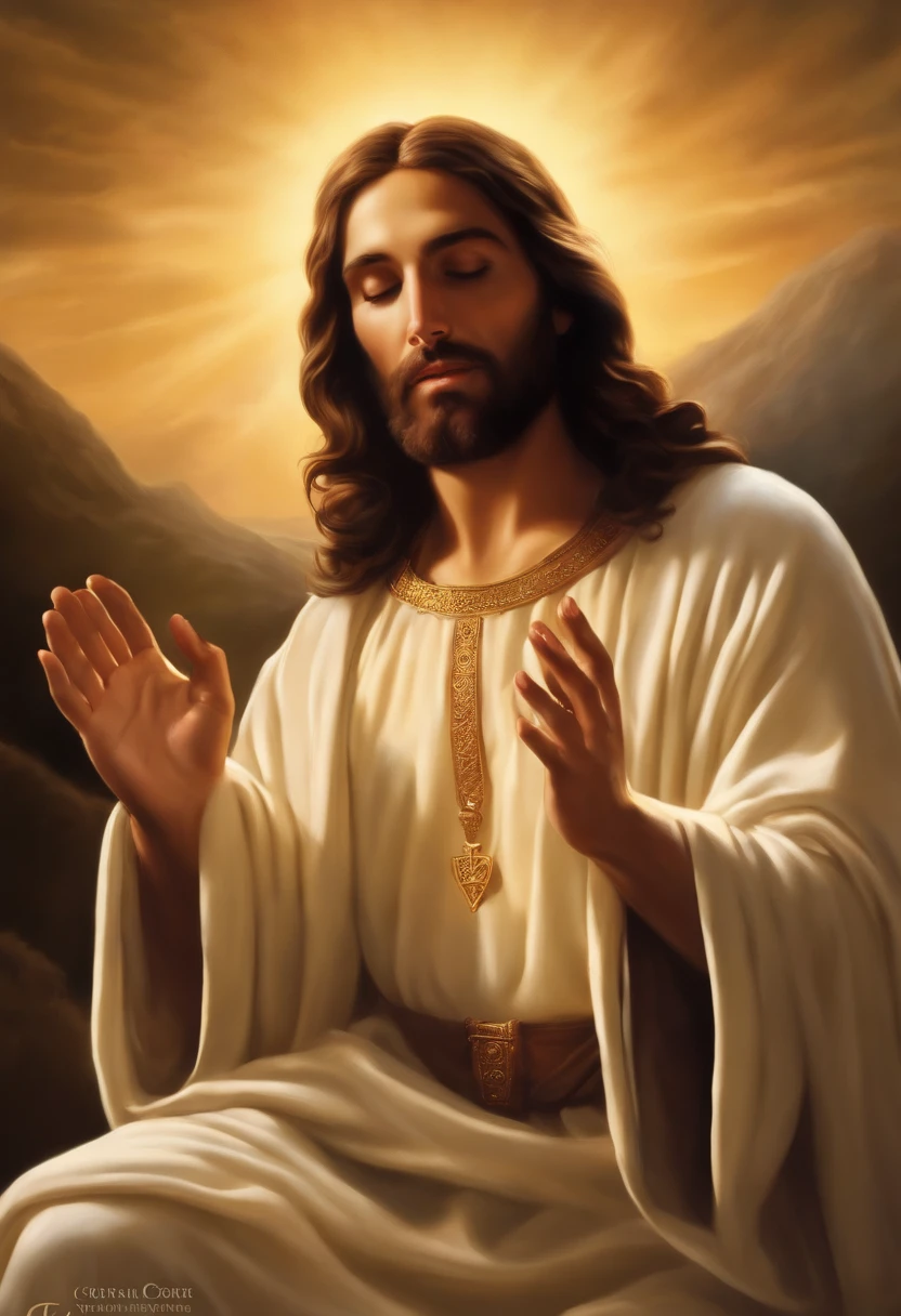 Jesus is kneeling in deep prayer against the backdrop of a heavenly landscape, com raios de luz dourada que banham seu corpo. He looks up at the sky with love and reverence as his hands join in prayer. prayers and intentions of people from all over the world, represented by points of light rising toward the sky. As Jesus Prays, percebe as necessidades e desejos de todas essas pessoas e, em resposta, Rays of Divine Light begin to descend, bringing blessings and comfort to each of them. Jesus, with humility and compassion, continua a orar, serving as an intermediary between humanity and the divine
