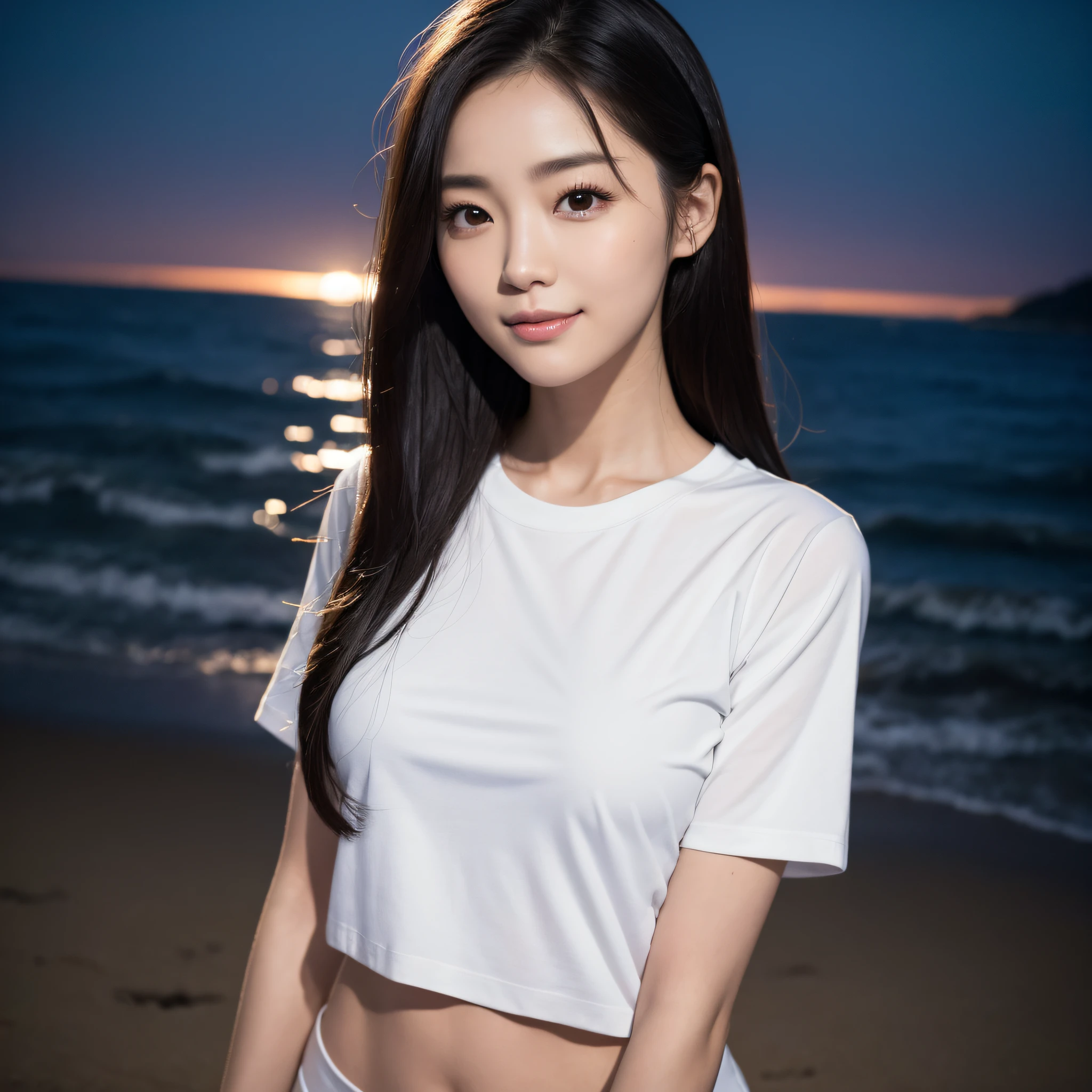 One lady、((best qualtiy、8k masterpieces:1.3))、foco nítido:1.2、(ultra beautiful faces:1.0)、(shinny skin:1.0)、photos realistic、A dark-haired、Video Lighting、High-definition eyes and face、Video Lighting、(Korean Cute Actress)、from the front side、medium breasts、Smile、Slender Abs Beauty、Whole body、wearing t-shirts、On the beach at night