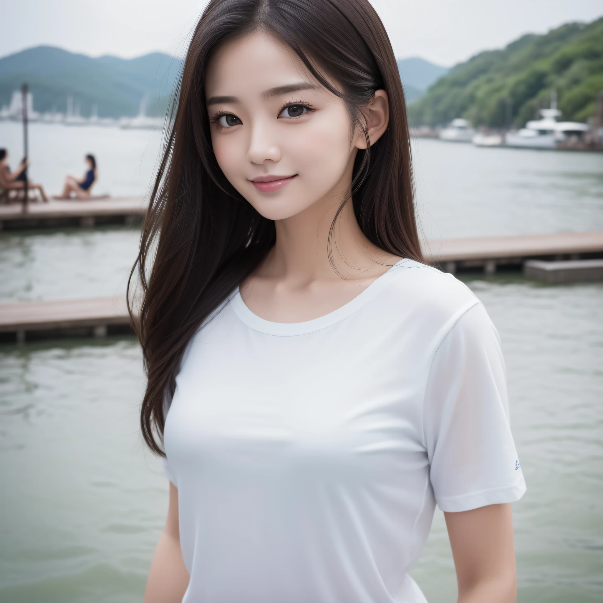 One lady、((best qualtiy、8k masterpieces:1.3))、foco nítido:1.2、(ultra beautiful faces:1.0)、(shinny skin:1.0)、photos realistic、A dark-haired、Video Lighting、High-definition eyes and face、Video Lighting、(Korean Cute Actress)、from the front side、medium breasts、smile、Slender Abs Beauty、Whole body、wearing t-shirts、At the quay in the early morning