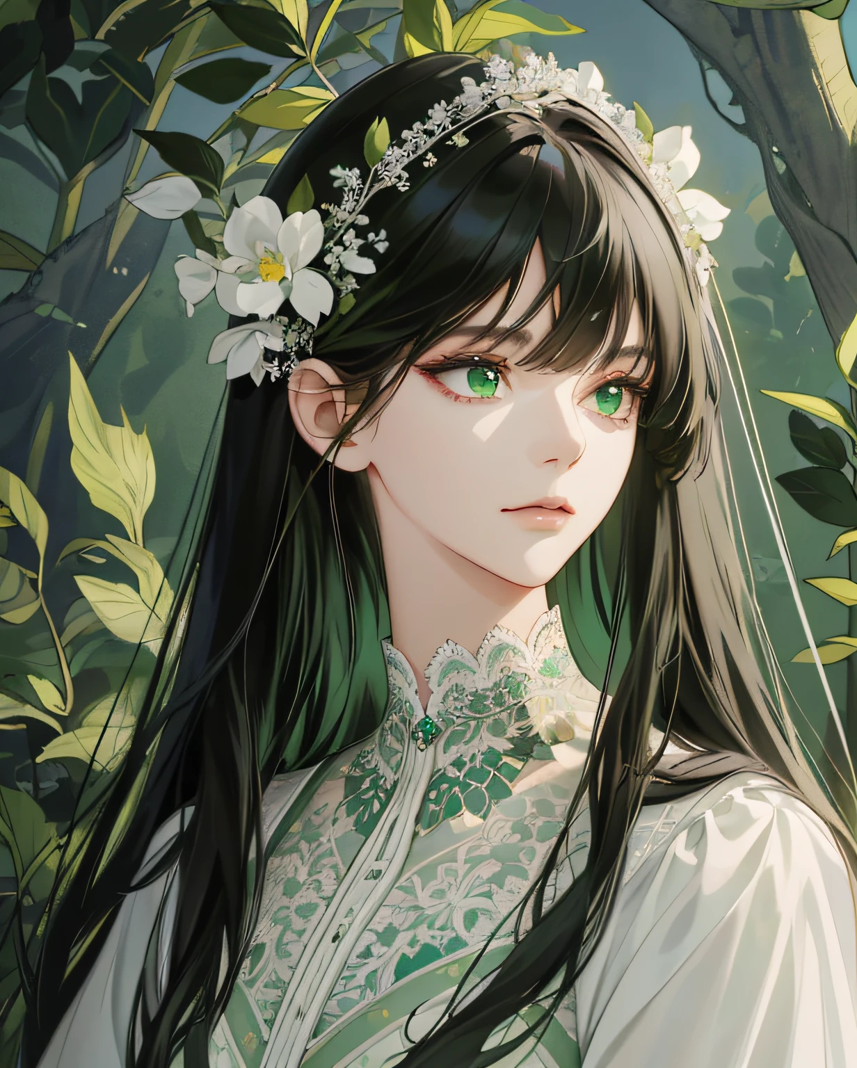 (extremely delicate and beautiful:1.2), 8k,(masterpiece:1.0),(best_quality:1.0), 1girl, mature woman, complex details, enlarged textures, complex details, finely detailed eyes and detailed face, intricate details, long black sleek hair with flat bangs, green highlight, (closed mouth), perfect eyes (green eyes), equal eyes, sharp look, (goddess)