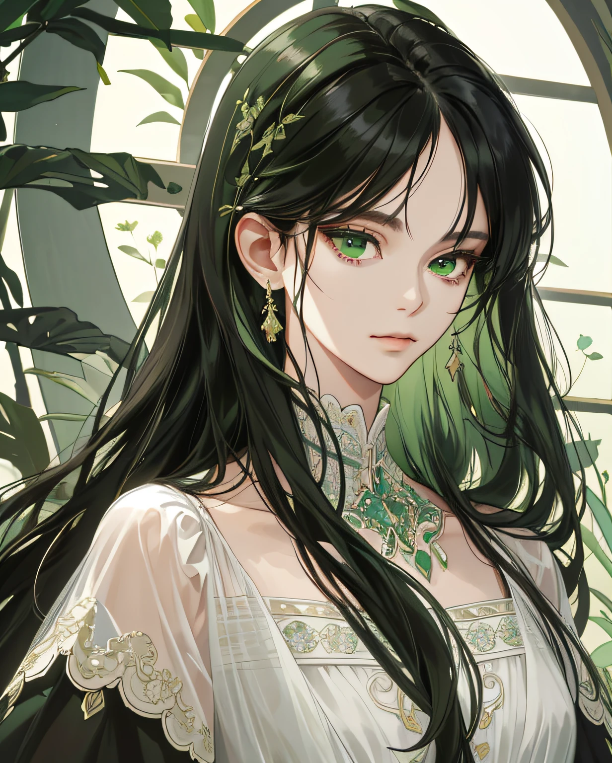(extremely delicate and beautiful:1.2), 8k,(masterpiece:1.0),(best_quality:1.0), 1girl, mature woman, complex details, enlarged textures, complex details, finely detailed eyes and detailed face, intricate details, long black sleek hair with flat bangs, green highlight, (closed mouth), perfect eyes (green eyes), equal eyes, sharp look, (goddess)