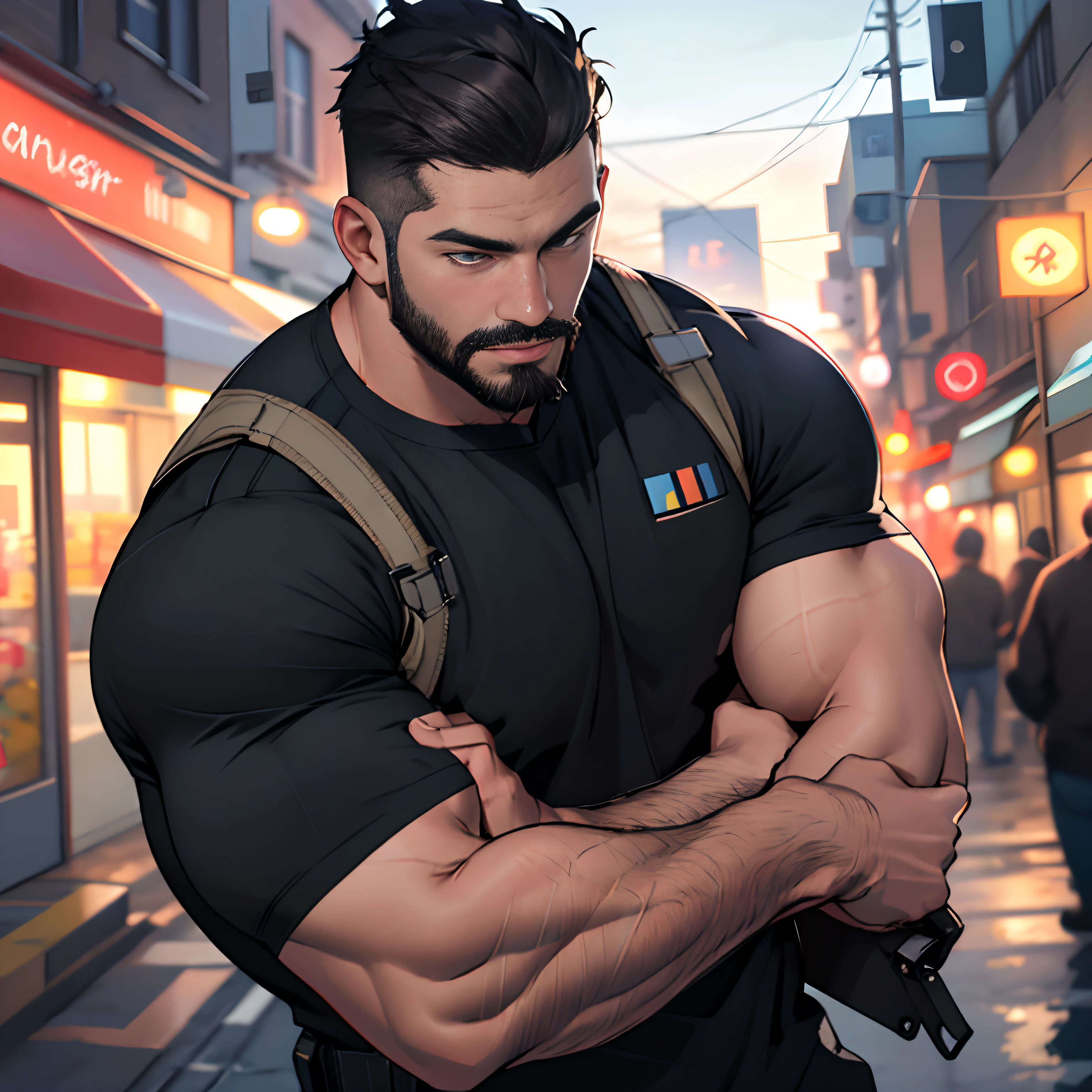 Best quality, masterpiece, super high resolution, detailed background, realistic, illustration, single, 1 boy, muscle man, beard, swat, street, muscular, facial hair, volumetric lighting, depth of field,black clothes