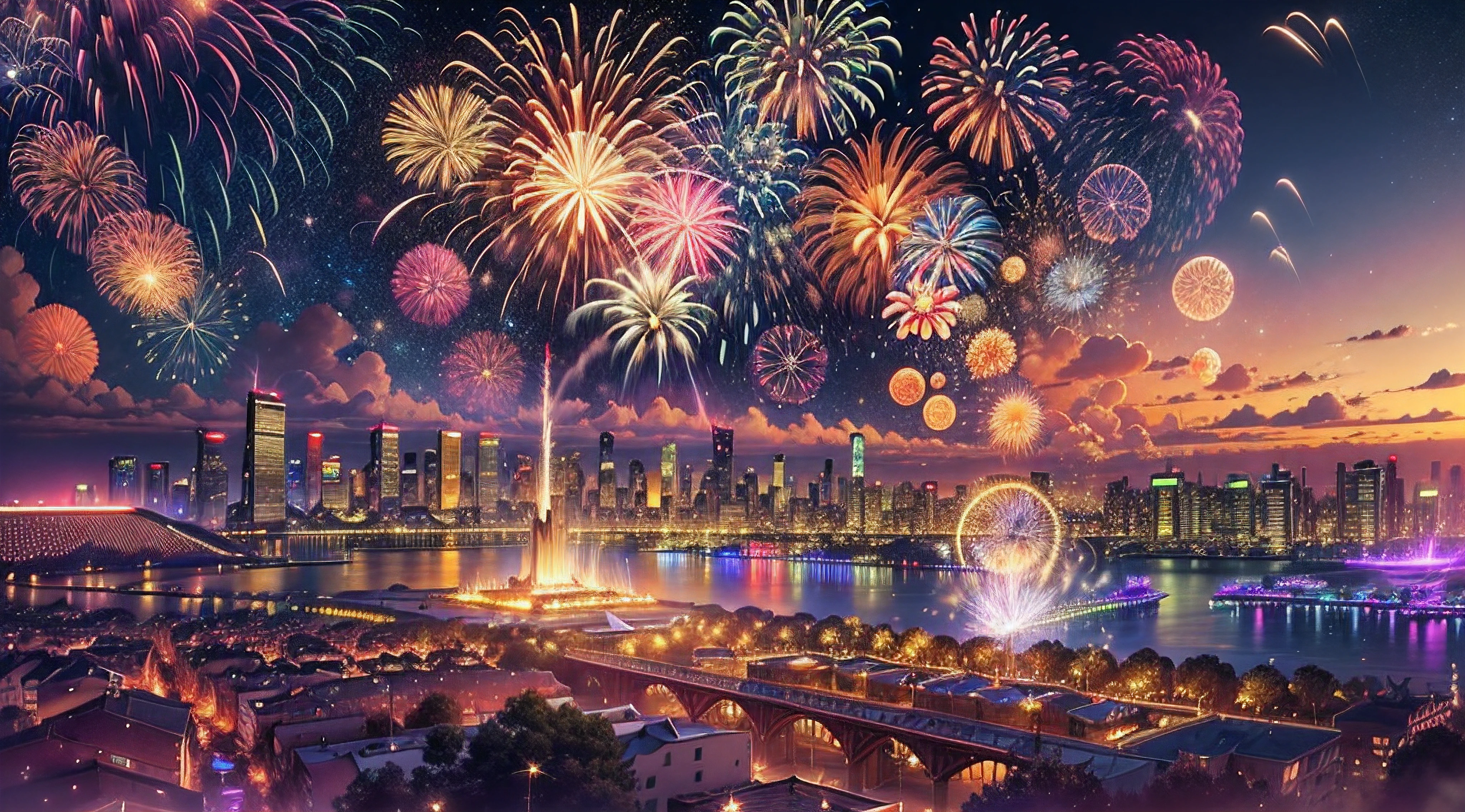 (best quality, 32k, 24k, highest, masterpiece:1.2), ultra-detailed, (realistic, photorealistic, photo-realistic:1.37), vibrant colors, explosive lights, colorful sparks, dazzling display, night sky, space solar ship, in the space, in the moon, cheerful atmosphere, joyful, fireworks show, lit up city skyline, excitement, thrilling, bokeh, illumination, sparklers, glittering, electrifying, grand finale, loud explosions, dancers, Carnival, amazement, firecrackers, pyrotechnics, multicolored bursts, awesome spectacle, looking from the moon.