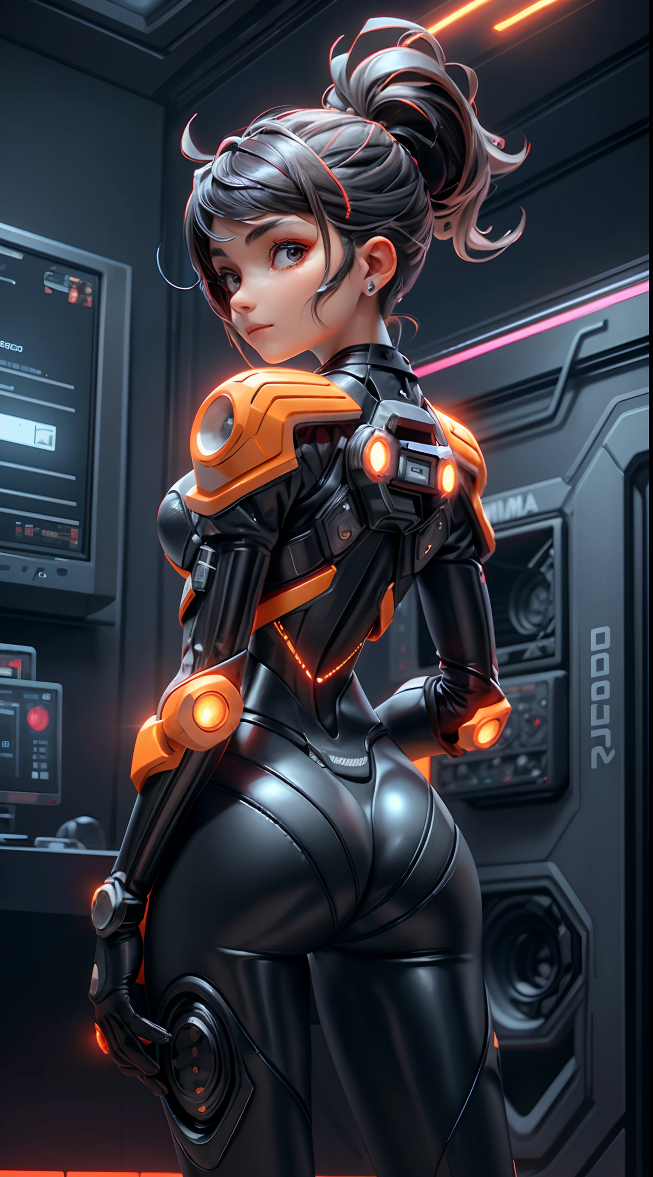 motor irreal:1.4,UHD,La mejor calidad:1.4, fotorrealista:1.4, textura de la piel:1.4, obra maestra:1.8,posing from behind Hermosa mujer,(Protogen hembra),cyberpunk,mechanic,ojos brillantes,orange metallic surface,Pantalla digital,advanced technology,futuristic,red Neon lights,electromagnetic field,bordes afilados,Aerodynamic design,Organismo digital,biomech,Mysterious atmosphere,Visera de vidrio,Sentidos mejorados,energetic pose,Circuitos invisibles,Holographic projections,cables de colores,cyborg hembra,(Special station:1.4), ((La mano consiste en un pulgar corto y cuatro dedos,mano con solo cinco dedos,(Cara detallada)))