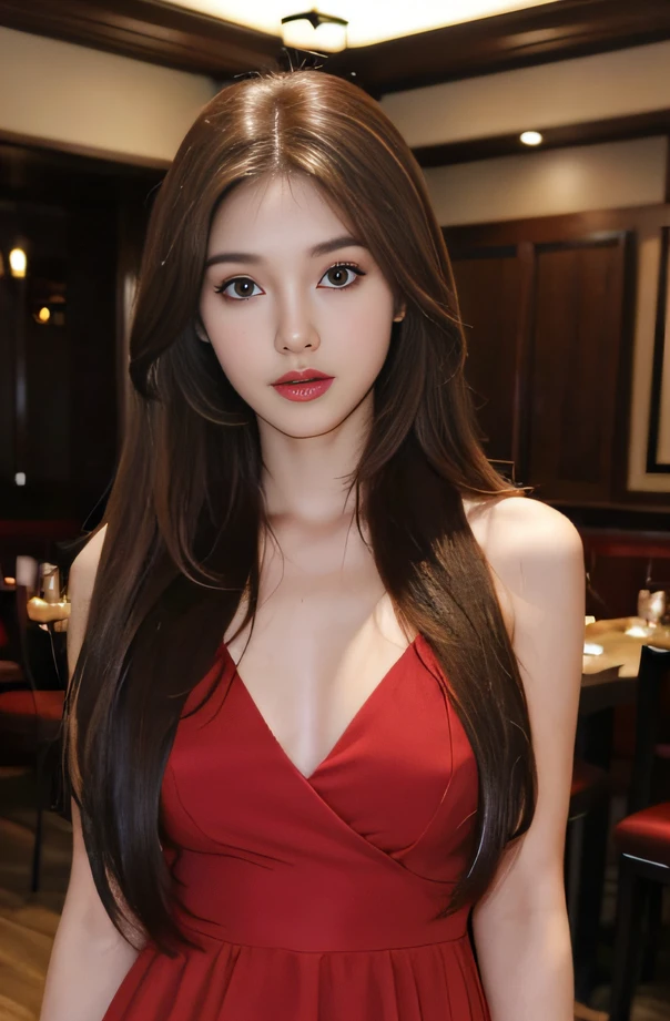 femele, Brown hair, Brown eyes, Fit body, Long hair, Hair parted in the middle, Straight hair, Red dress, Inside the restaurant, Detailed body, Detailed eyes, master piece, Best Quality, High quality, Raw Camera, Realistic, Real, Korean, Person