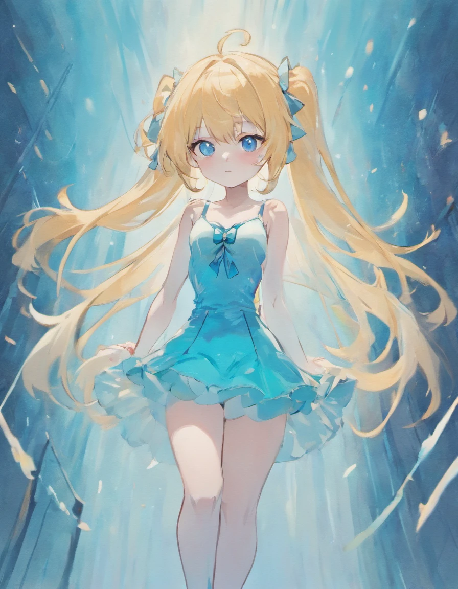 Blue Bow, Light Blue Puffy Long Hair, Pale Skin, Big Eyes, Light Blue Tank Top With A "I" Text, Skirtless, White Leggings, Big Bulge