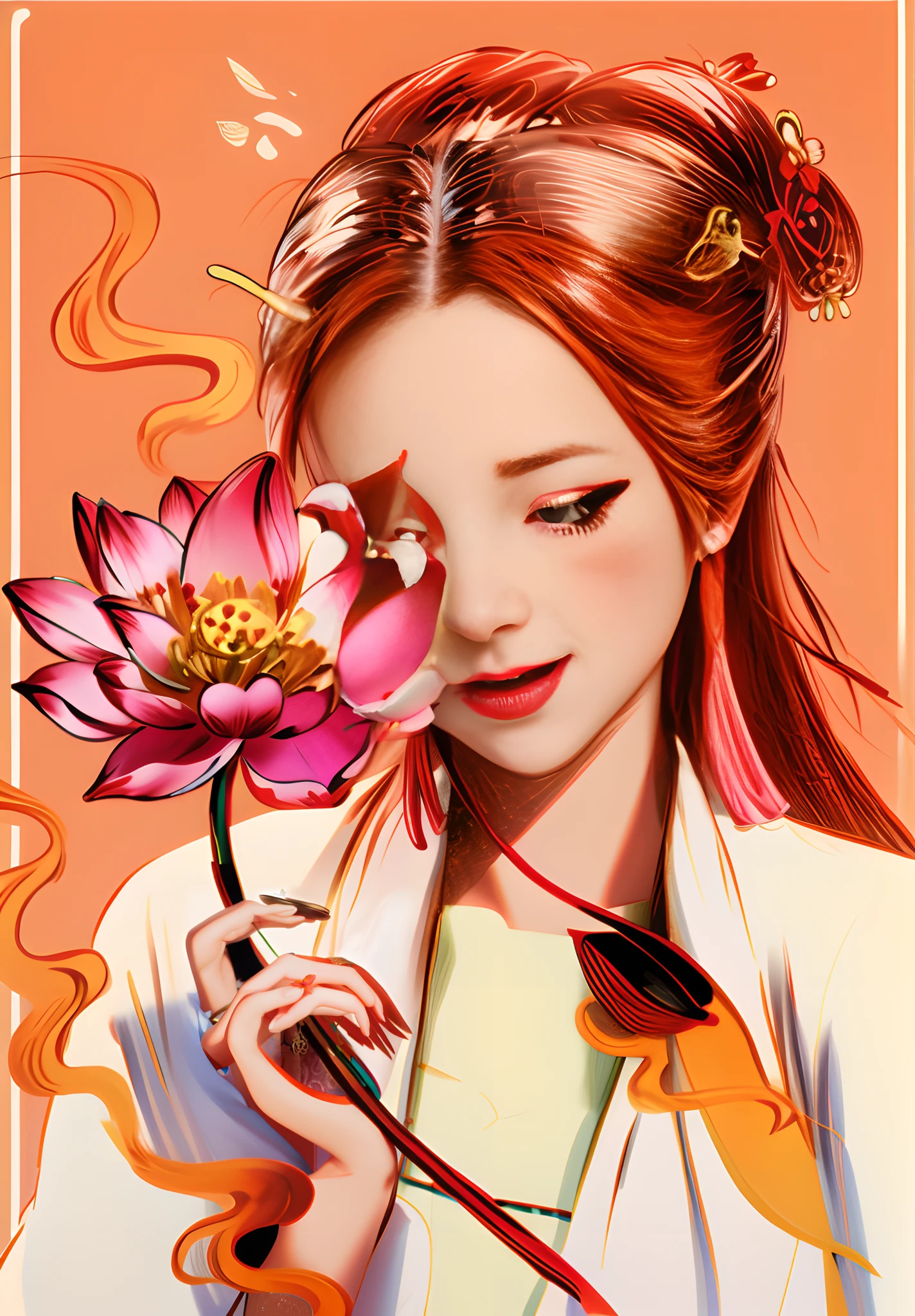 Ancient Chinese women holding a lotus flower in their hands,white backgrounid