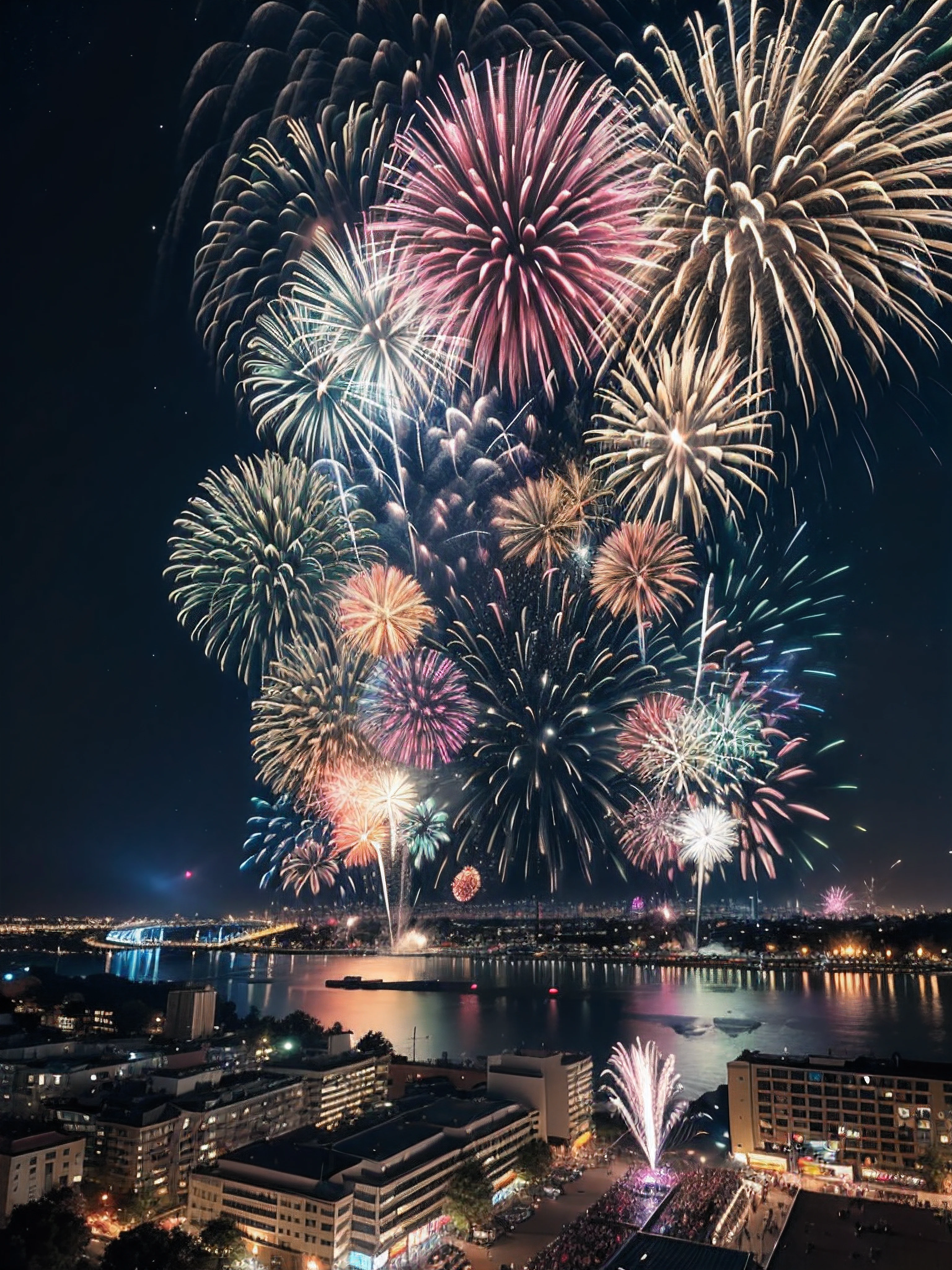 (best quality, 4k, 8k, highest, masterpiece:1.2), ultra-detailed, (realistic, photorealistic, photo-realistic:1.37), vibrant colors, explosive lights, colorful sparks, dazzling display, night sky, space , cheerful atmosphere, joyful, fireworks show, lit up city skyline, excitement, thrilling, bokeh, illumination, sparklers, glittering, electrifying, grand finale, loud explosions, dancers, Carnival, amazement, firecrackers, pyrotechnics, multicolored bursts, awesome spectacle, perspective from space.