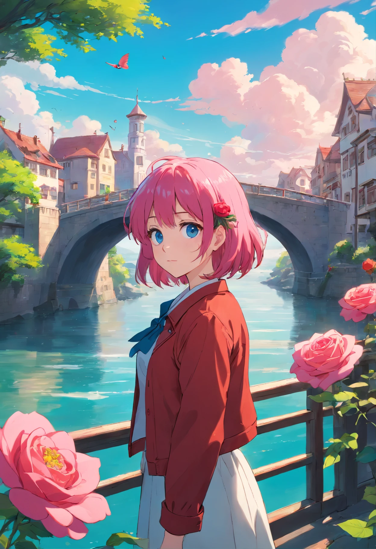 (arielpstyle:1.0) beautiful, fantasy, painting, lovecraftian, , , ameinu, pink hair, flower, highres, jacket, blue eyes, red flower, red rose, rose, shirt, short hair, white shirt, bridge, pink sky, river flowing below bridge
