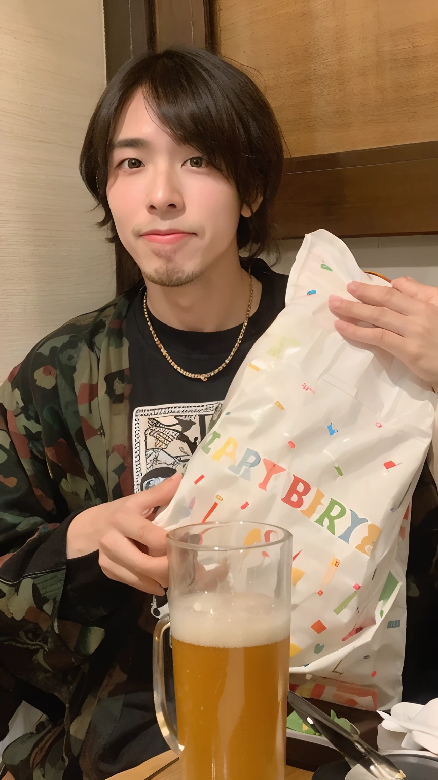 There is a man sitting at a table with a bag of food, He is about 2 5 years old, he is! about 3 0 years old, He is about 2 0 years old, he is about 20 years old, happy birthday, He is about 3 0 years old, taken in the early 2020s, he is about 30 years old,He wears the armor of the brave,He is a cyborg