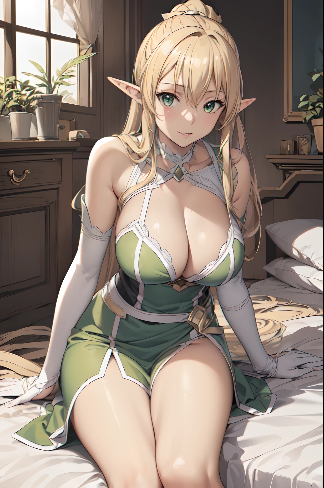 (masutepiece:1.5), the Extremely Detailed CG Unity 8K Wallpapers,(Realistic,Photorealsitic,hyper realisitic:1.5),(Curve,Model,glamor:1.5),Beautiful breasts,Farbe_aberration,beautiful detailed shadow,Beautiful eyes,Beautiful body,Beautiful skin,beautifull hands,(Large breasts:1.5),(Large_breasts:1.5),Seductive smile, parted_Lips,(White bed、White luxury bedroom、white sheets:1.4),
Anime girl in green dress sitting on bed, Elf Girl, Seductive Anime Girl, li in dress, alluring elf princess knight, Cute anime waifu in a nice dress, elf princess, beautiful alluring anime woman, 2. 5 d cgi anime fantasy artwork, elf queen, Very detailed ArtGerm, Detailed Digital Anime Art,(Sword Art Online),(fronds:1.5),