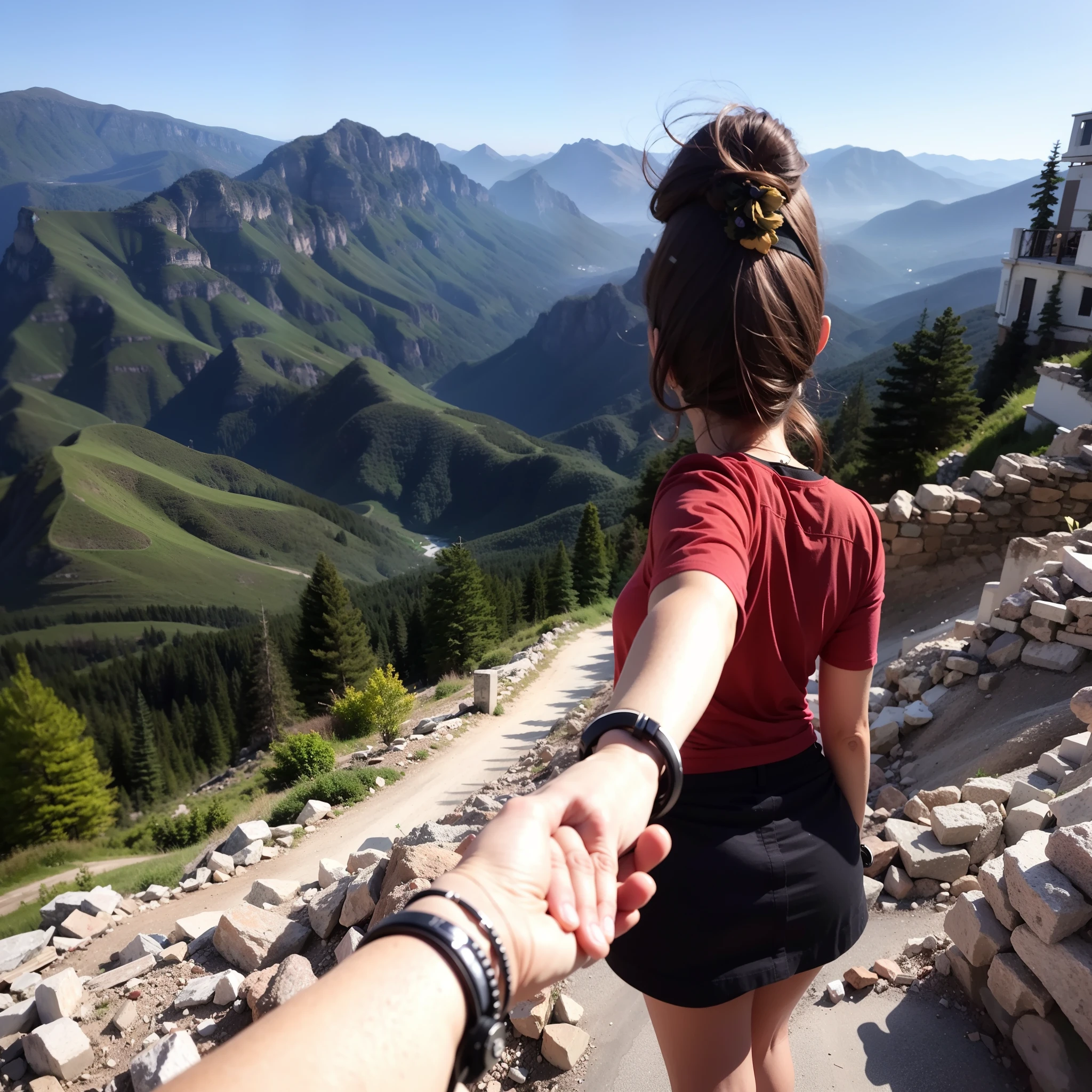 1girll,ultra - detailed,A high resolution,tmasterpiece,By_Style,bf_Holding_Hands,1 Girl holding hands with audience,Take a walk at the top of the mountain