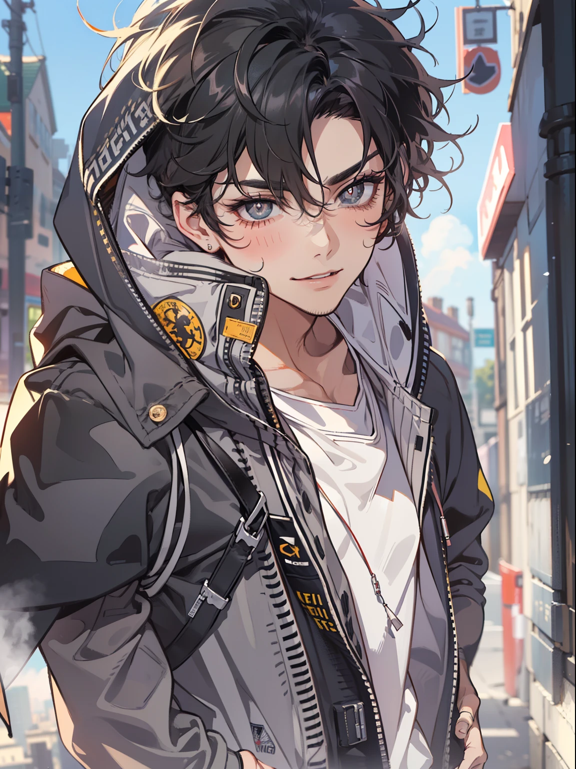 ((highest quality, masterpiece, 4k, finely detailed, detailed eyes, detailed face, gelbooru, pixiv)), warm lighting, ((solo)), 1 male, handsome, masculine, adult male, broad shoulders, closeup of face, ((black chin hair)), portrait, slight blush on cheeks, smiling, looking at viewer, ((lazy eyes, half-lidded, eyebags under eyes, black eyes with white pupils)), wearing modern clothing, hoodie with a logo, sweatpants, standing, hands in pockets, ((black hair, medium length hair, shaggy hairstyle, messy hair)), city background