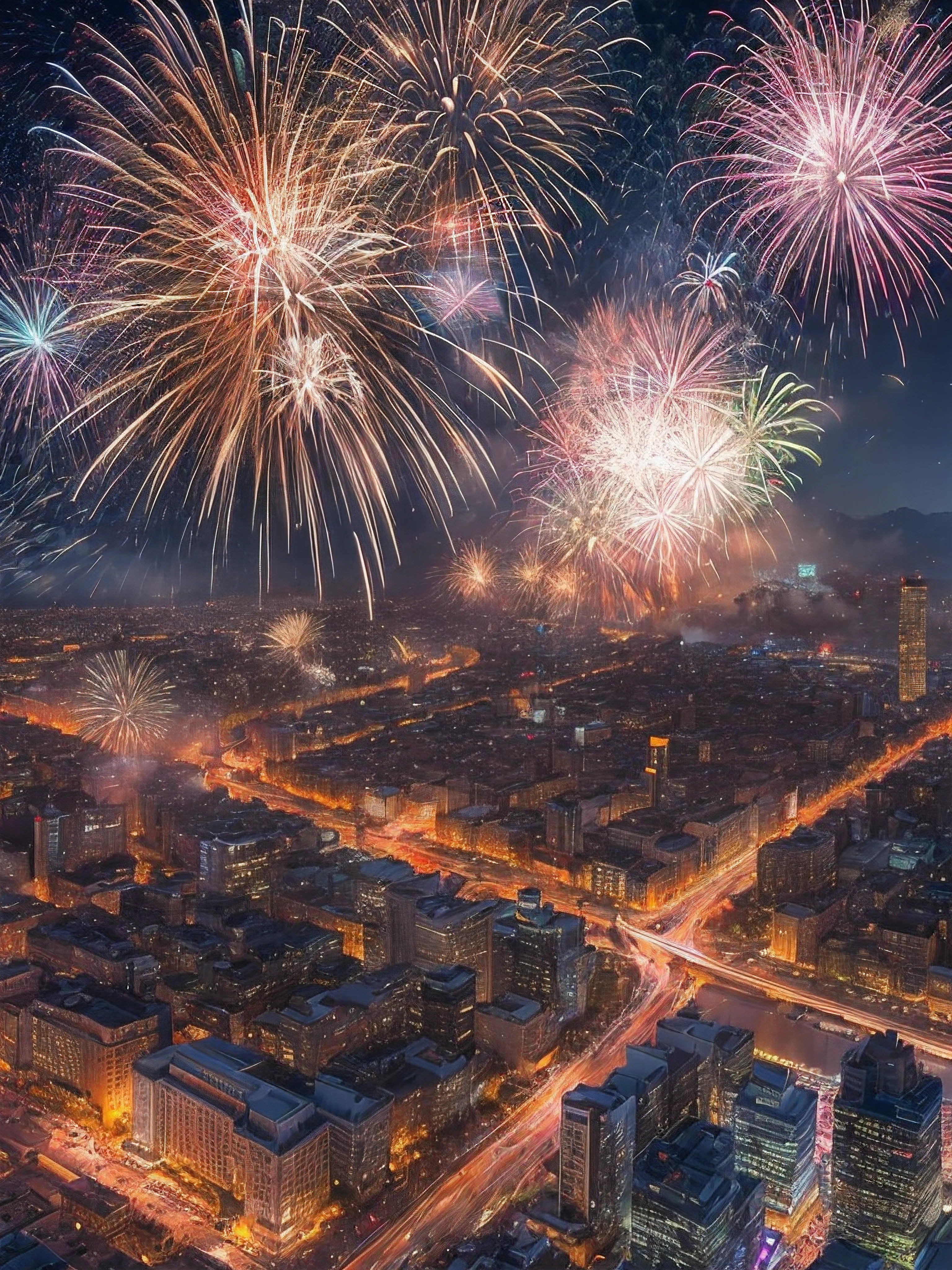 (best quality, 4k, 8k, highest, masterpiece:1.2), ultra-detailed, (realistic, photorealistic, photo-realistic:1.37), vibrant colors, explosive lights, colorful sparks, dazzling display, night sky, celebration, cheerful atmosphere, joyful, fireworks show, lit up city skyline, excitement, thrilling, bokeh, illumination, sparklers, glittering, electrifying, grand finale, loud explosions, spectators, amazement, firecrackers, pyrotechnics, multicolored bursts, awesome spectacle, perspective from space.
