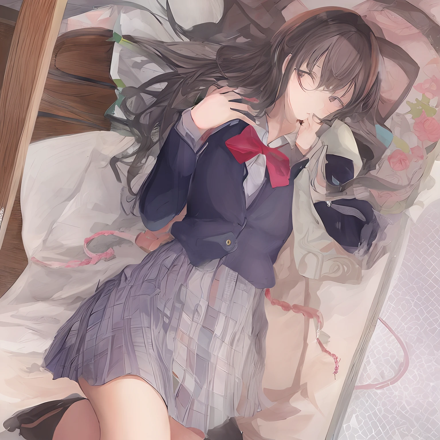 a cute off naked girl sleeping on bed, long hair, ((wearing a skirt)), blushed and sleepy face, UHD, masterpiece, anatomically correct, textured skin, super detail, high quality, best quality, highres, 8k, pillow, flowers. particals,butterfly.