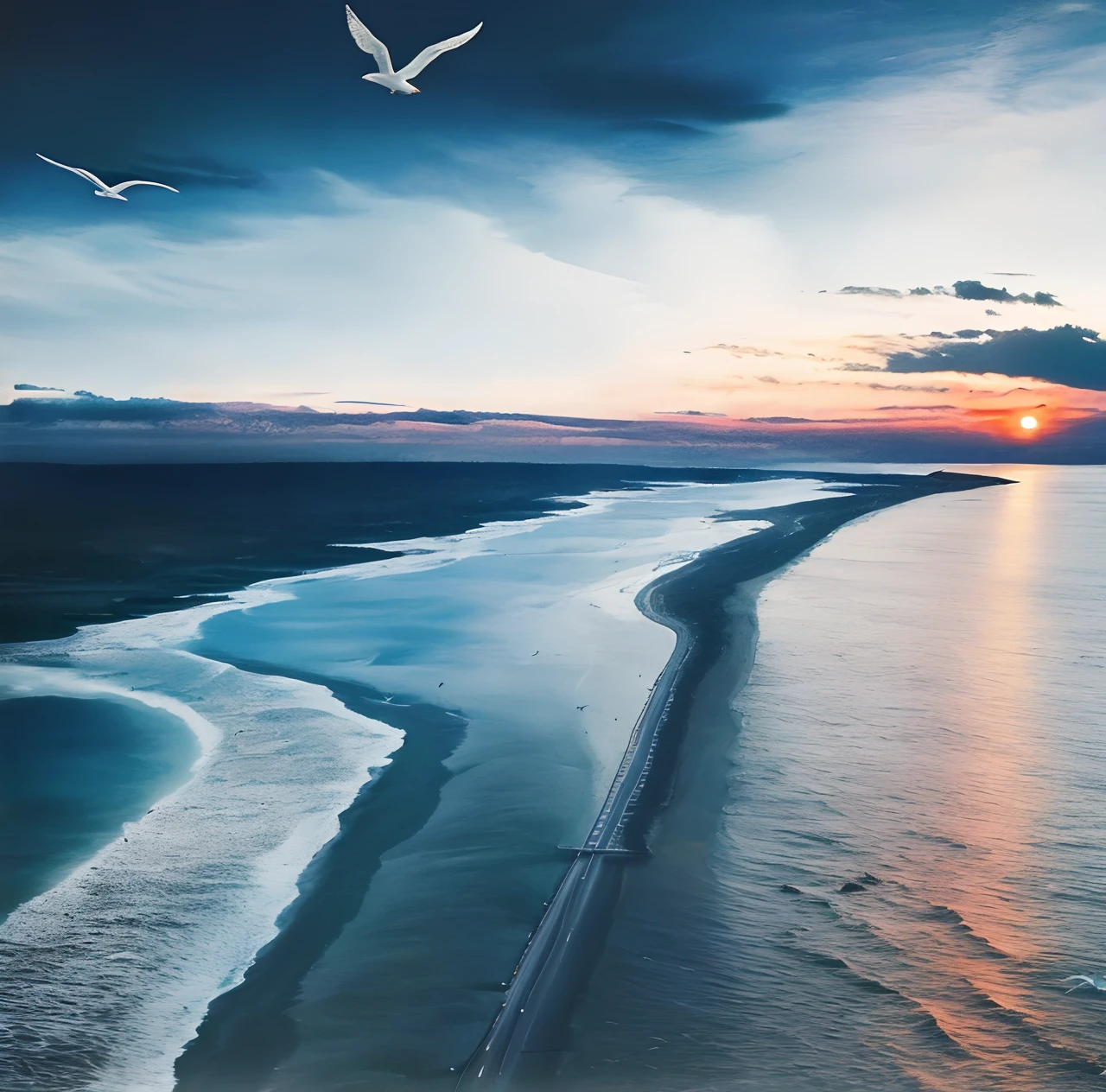 greys,Mono Color,beachside,Sky black clouds,,reef,dark cloude,first person,Aerial shooting,seagulls,A group of seagull wedding women suit men