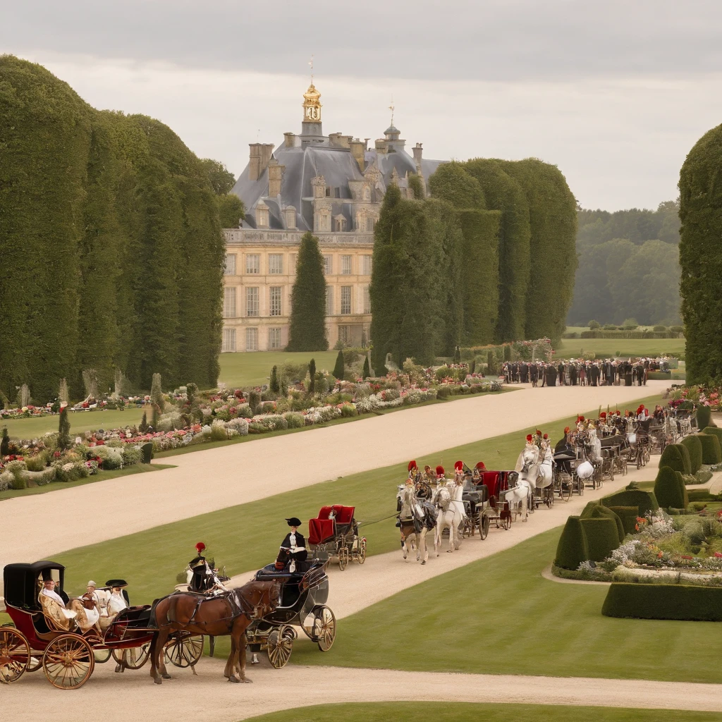 Generate an image that portrays the arrival of king louis xiv and distinguished guests at Vaux-le-Vicomte, showcasing their extravagant carriages and glamorous attire.