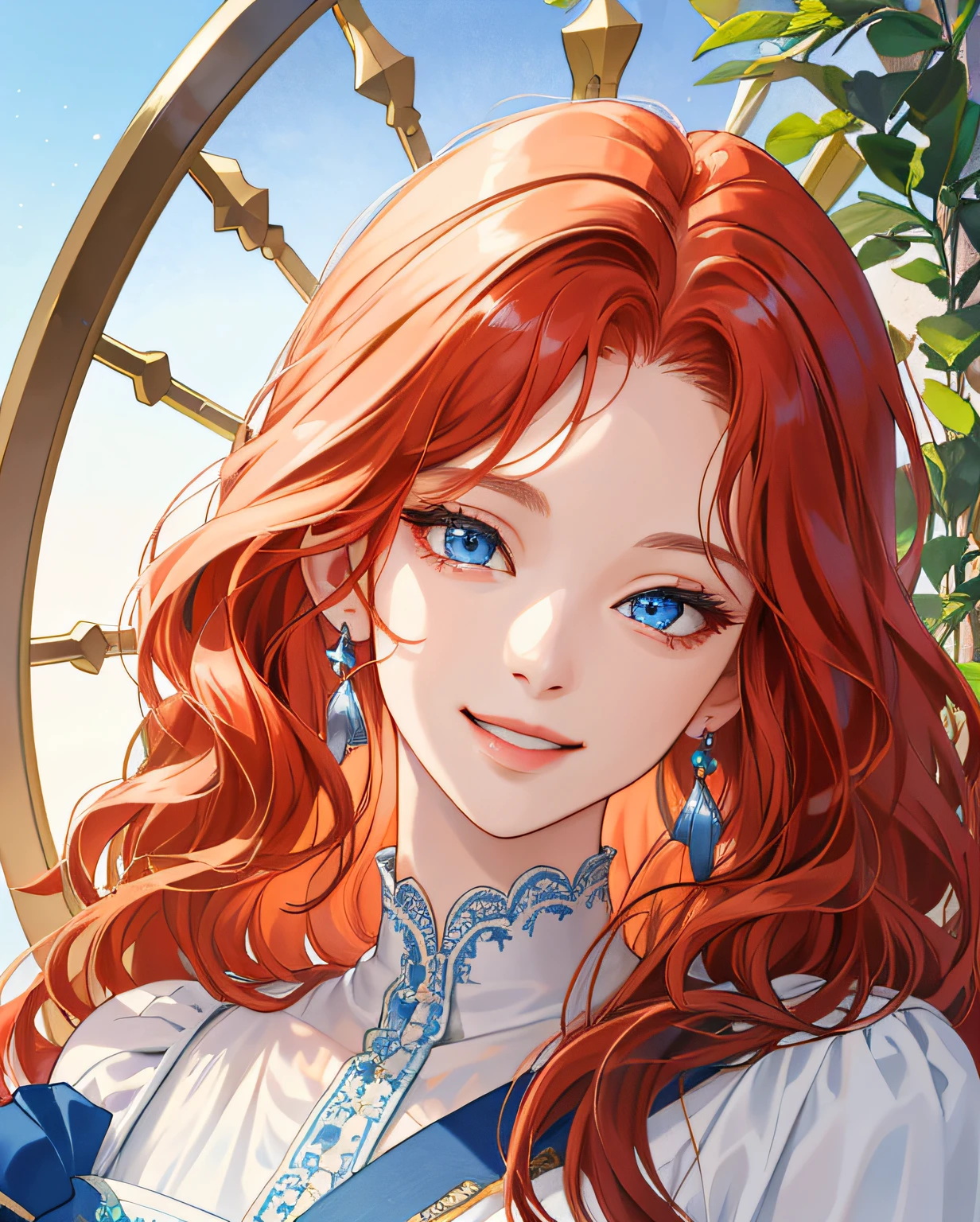 (extremely delicate and beautiful:1.2), 8k,(masterpiece:1.0),(best_quality:1.0), 1girl, mature woman, complex details, enlarged textures, complex details, finely detailed eyes and detailed face, intricate details, long redhead wavy hair, smile face, perfect eyes (blue eyes), equal eyes, sharp look, (goddess)