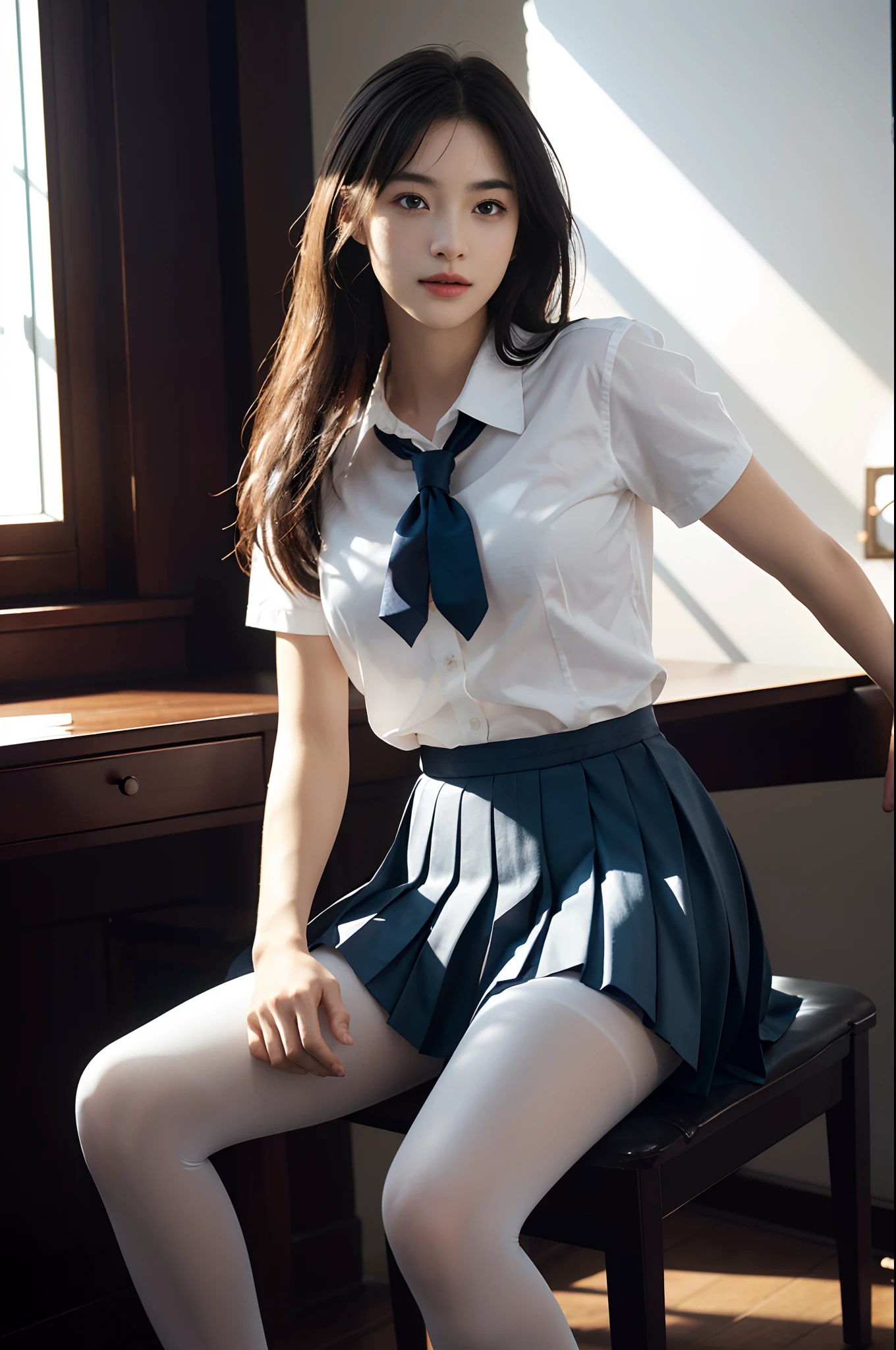 ultra realistic 8k cg, picture-perfect face, flawless, clean, masterpiece, professional artwork, famous artwork, perfect face, beautiful face, beautiful eyes, ((perfect female body)), solo,(immersive atmosphere, chiaroscuro:1.5,bright light:1.2,luminous lighting)
,,(blush:0.5),seductive expression,extremely detailed_eyes,thick thighs,large breasts,
beautifully detailed background,depth of field,realistic:1.3, long shot,1girl,shirt,pleated skirt, school uniform, sitting, full body,
(ambient light:1.3),(cinematic composition:1.3),(neon lights:0.1),(HDR:0.1),Accent Lighting, white pantyhose,