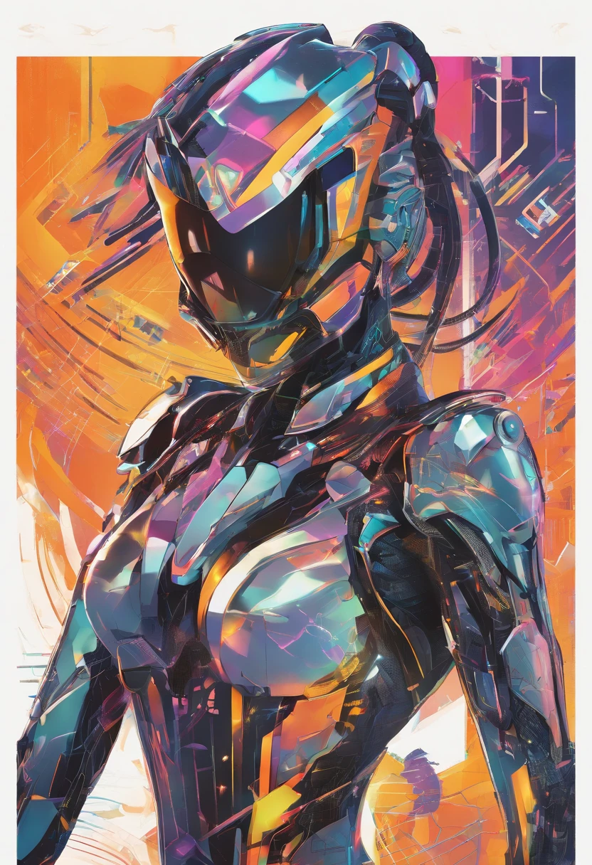 (female Protogen),cyberpunk,mechanical,glowing eyes,metallic surface,digital display,advanced technology,futuristic,neon lights,electromagnetic field,sharp edges,streamlined design,digital organism,biomechanical,mysterious atmosphere,glass visor,enhanced senses,energetic pose,invisible circuits,holographic projections,colorful wires,female cyborg