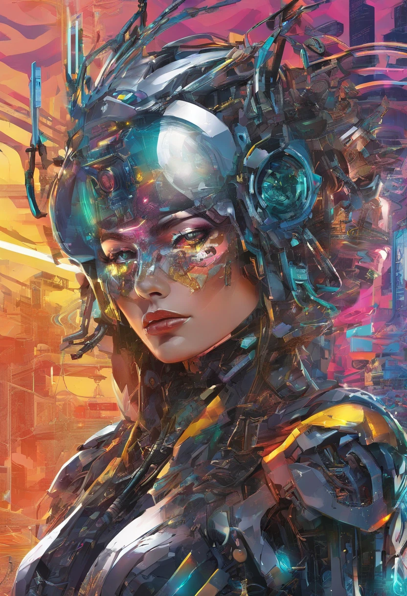 (female Protogen),cyberpunk,mechanical,glowing eyes,metallic surface,digital display,advanced technology,futuristic,neon lights,electromagnetic field,sharp edges,streamlined design,digital organism,biomechanical,mysterious atmosphere,glass visor,enhanced senses,energetic pose,invisible circuits,holographic projections,colorful wires,female cyborg